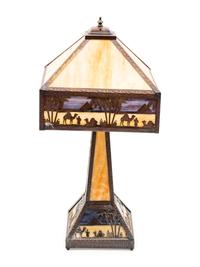 An Egyptian Motif Slag Glass Lamp