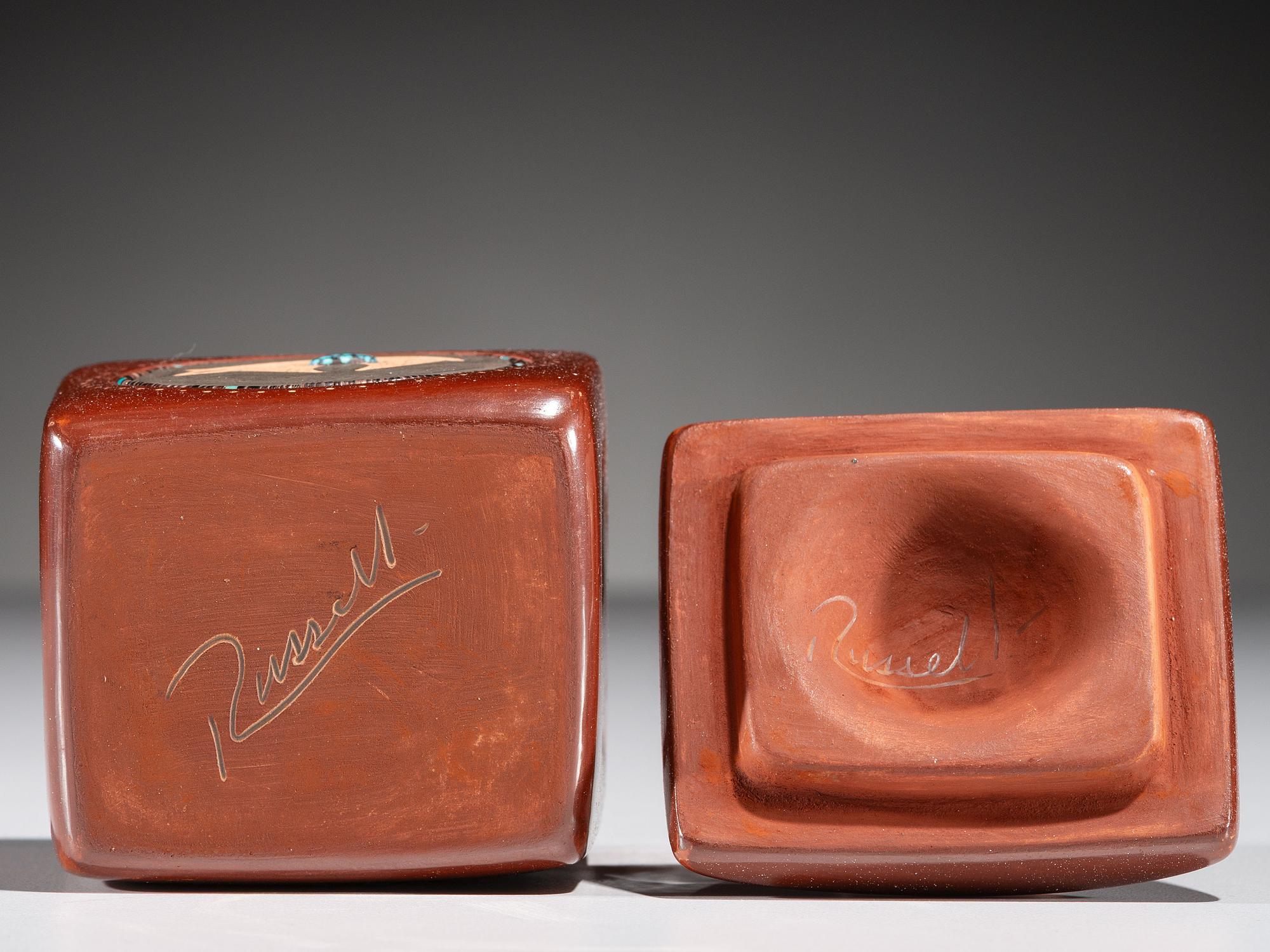 Micaceous Three-Toned Lidded Pottery Box, with Turquoise and Heishi
