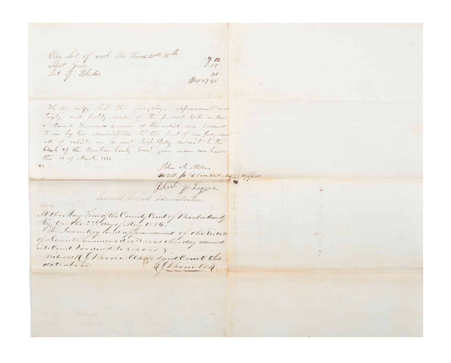[SLAVERY & ABOLITION]. Appraisal and Bill of Sale of 7 enslaved people and personal property of enslaver Daniel Summors (1772-1856). Bourbon County, KY, 5 May 1856.