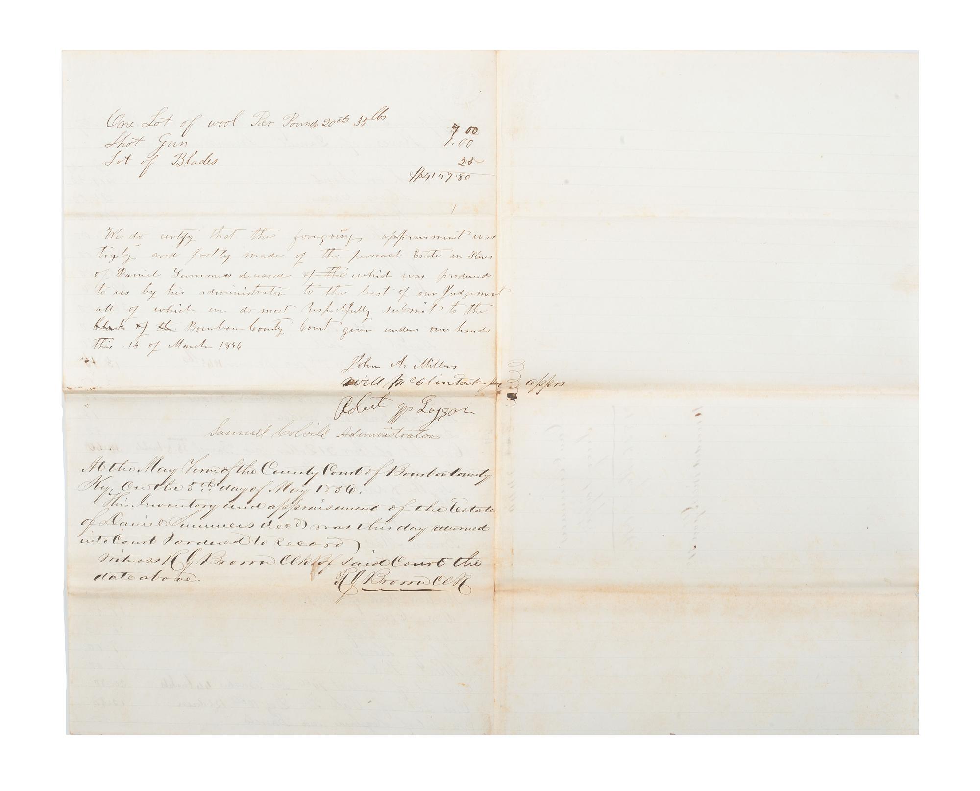 [SLAVERY & ABOLITION]. Appraisal and Bill of Sale of 7 enslaved people and personal property of enslaver Daniel Summors (1772-1856). Bourbon County, KY, 5 May 1856.