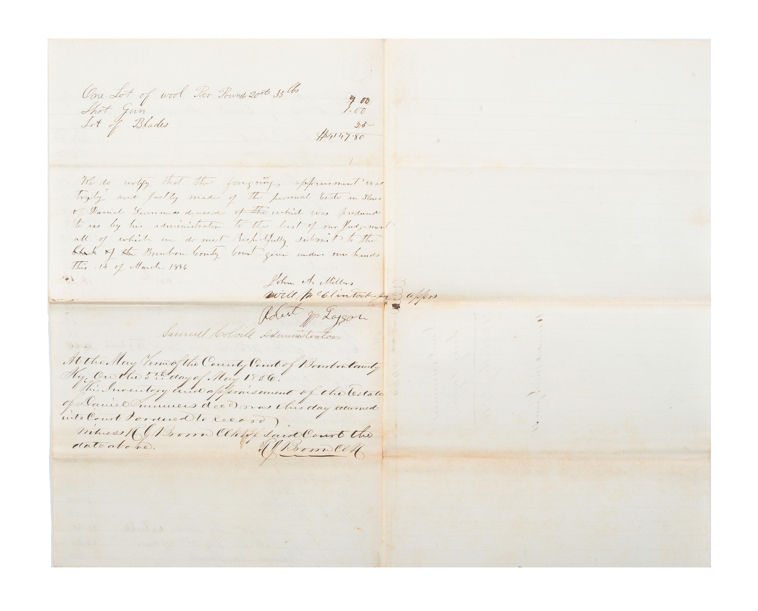 [SLAVERY & ABOLITION]. Appraisal and Bill of Sale of 7 enslaved people and personal property of enslaver Daniel Summors (1772-1856). Bourbon County, KY, 5 May 1856.