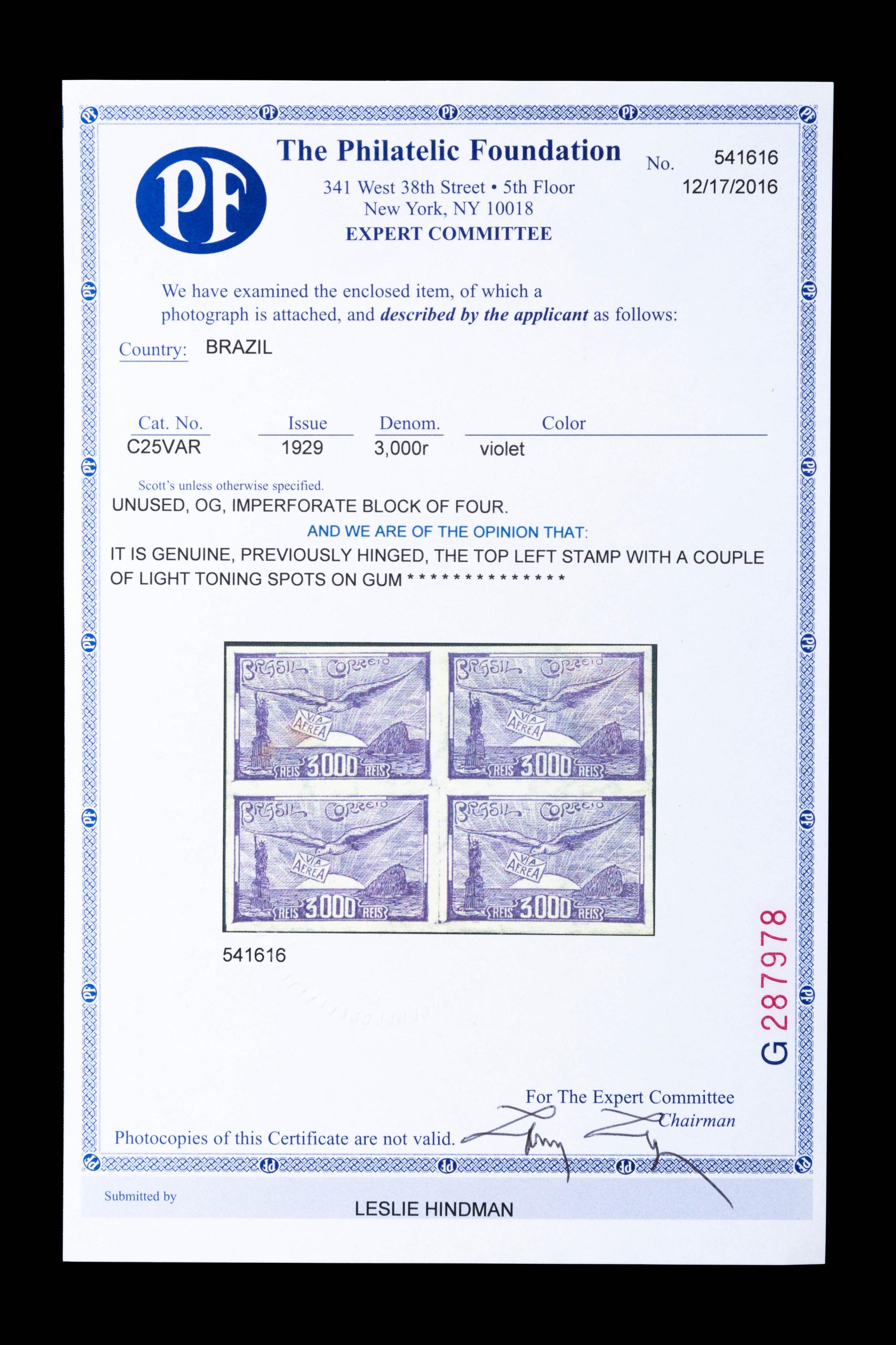 {PHILATELY} BRAZIL. Airmail. 1929, 3,000r, Violet (#C25VAR), Imperforate Block of Four
