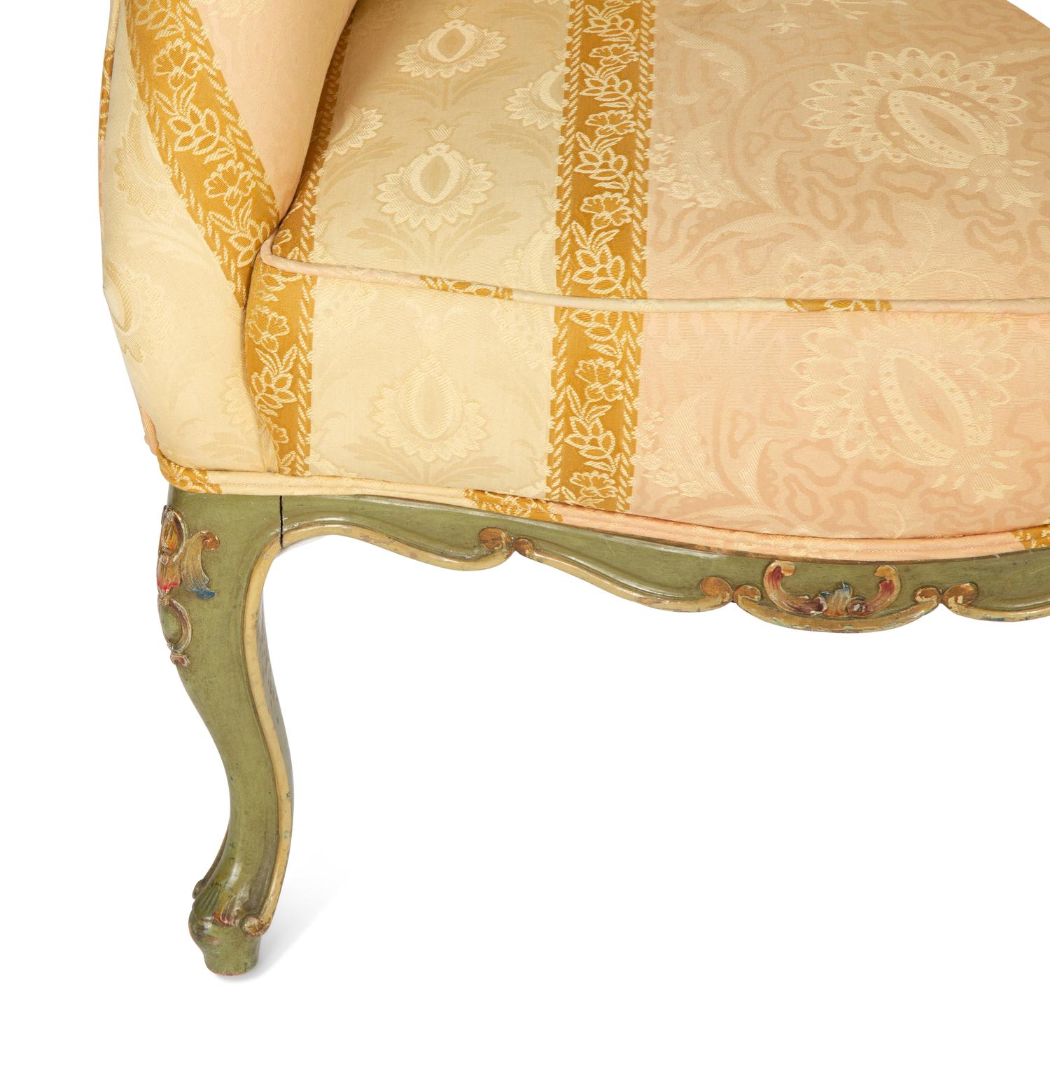 A Pair of Louis XV Style Painted Cove Back Chairs with Scalamandré Silk Damask Upholstery