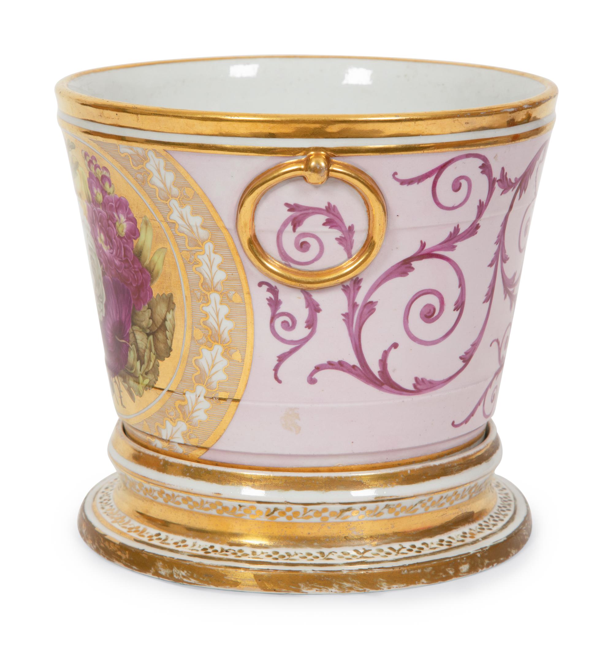An English Painted and Parcel Gilt Porcelain Cache Pot and Stand