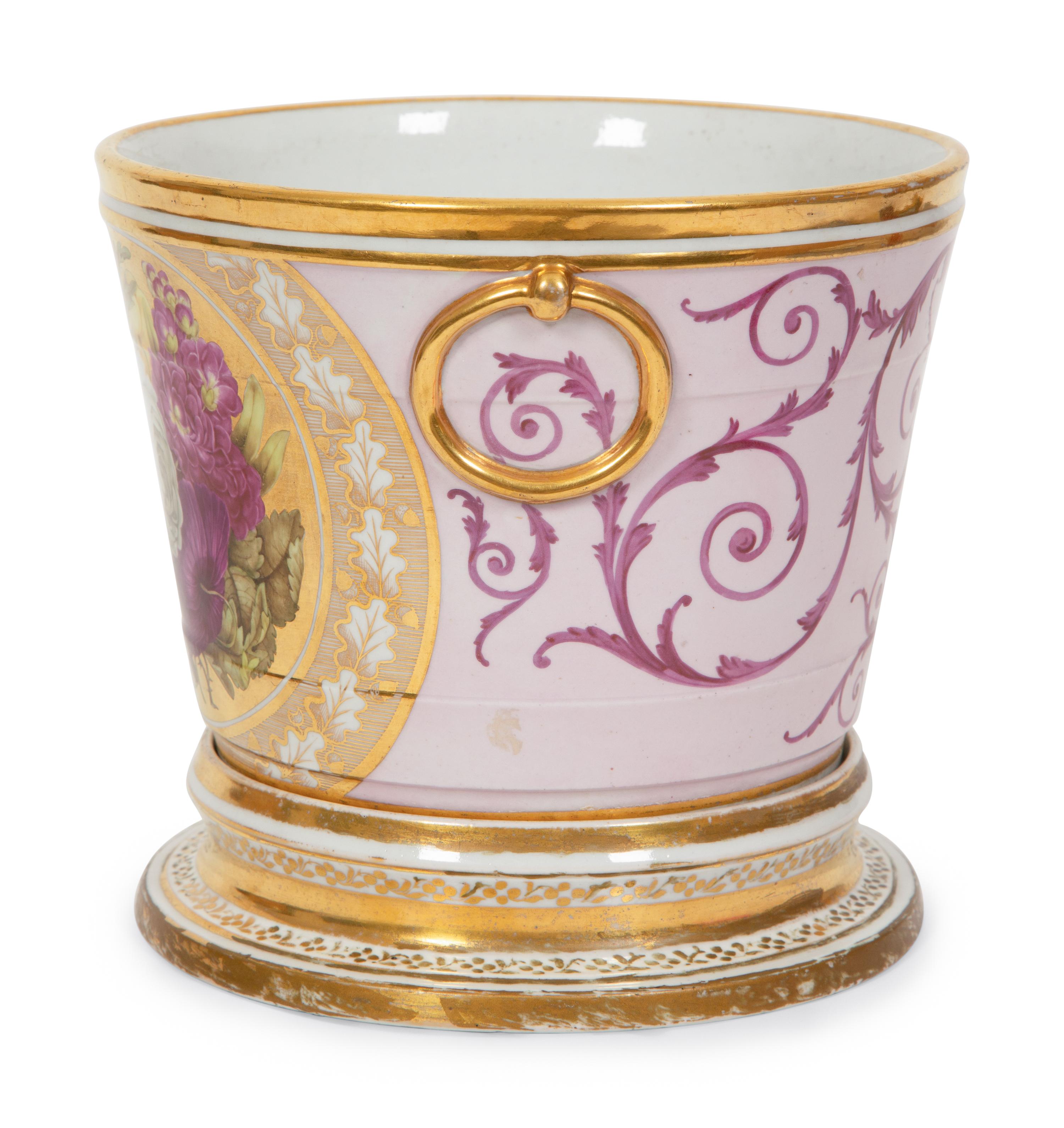 An English Painted and Parcel Gilt Porcelain Cache Pot and Stand