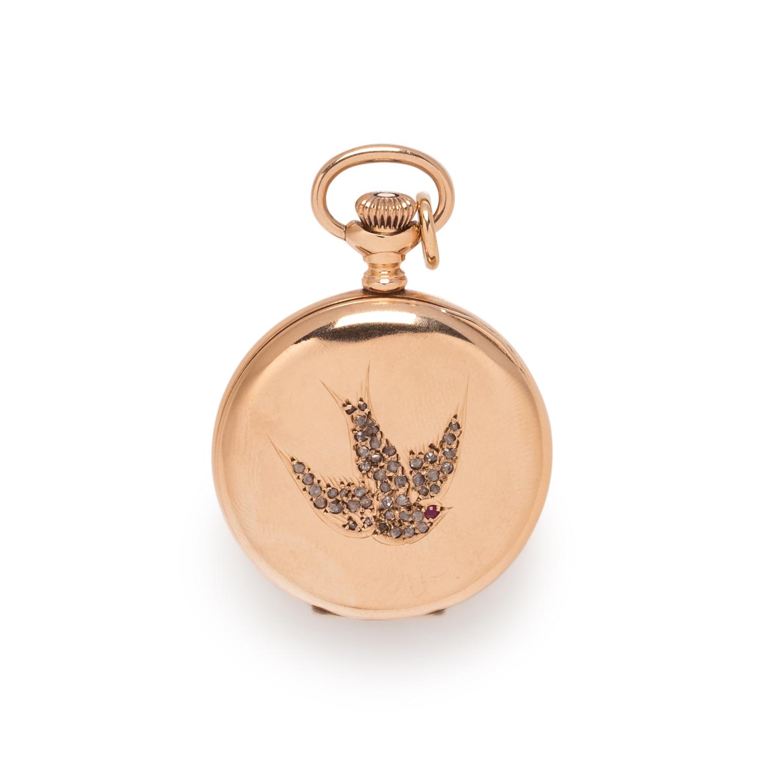 WALTHAM, 14K YELLOW GOLD AND DIAMOND HUNTER CASE POCKET WATCH