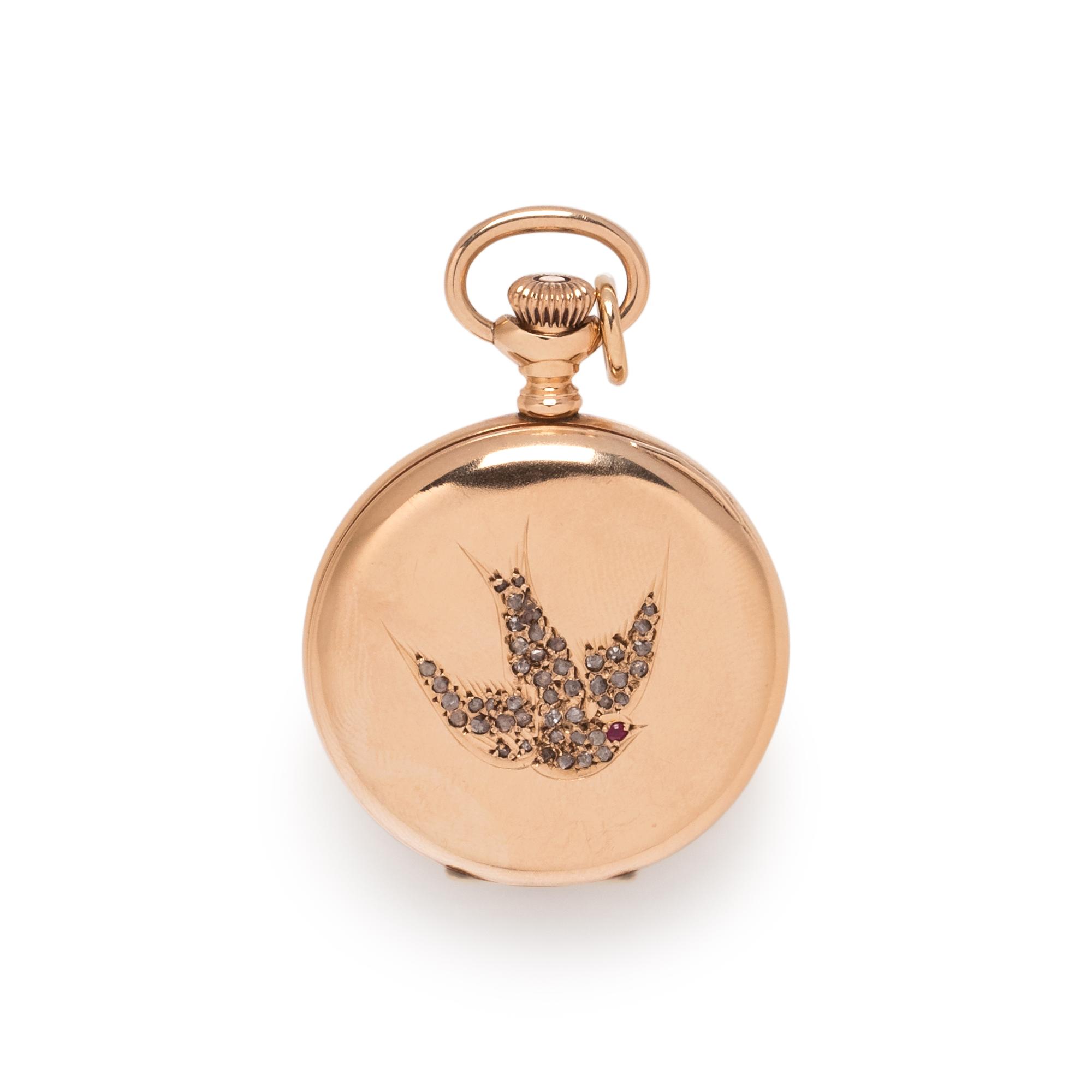 WALTHAM, 14K YELLOW GOLD AND DIAMOND HUNTER CASE POCKET WATCH