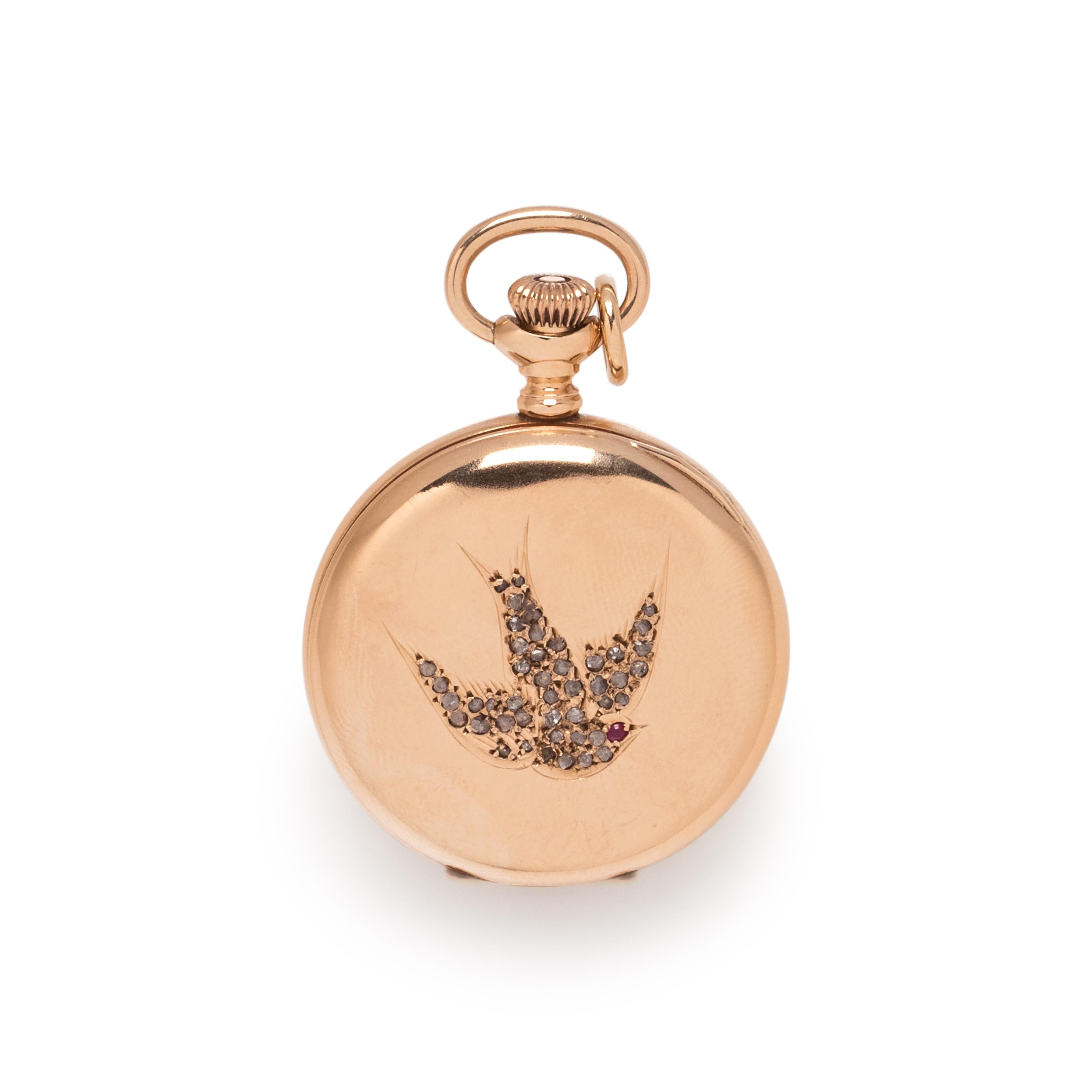 WALTHAM, 14K YELLOW GOLD AND DIAMOND HUNTER CASE POCKET WATCH