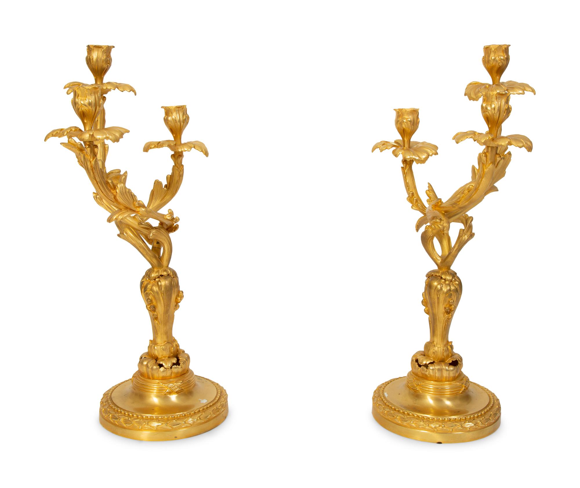 A Pair of Louis XV Style Gilt Bronze Three Light Candelabra — 19TH CENTURY