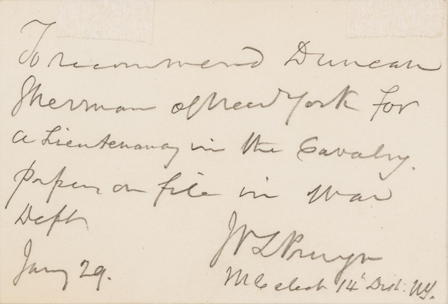 JOHNSON, Andrew (1808-1875). Autograph note signed ("Andrew Johnson"), as President, to John VanSchiack Pruyn. [Washington, D.C.], 29 J