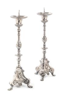 A Pair of Silvered Pricket Sticks, Height 22 1/2 inches.
