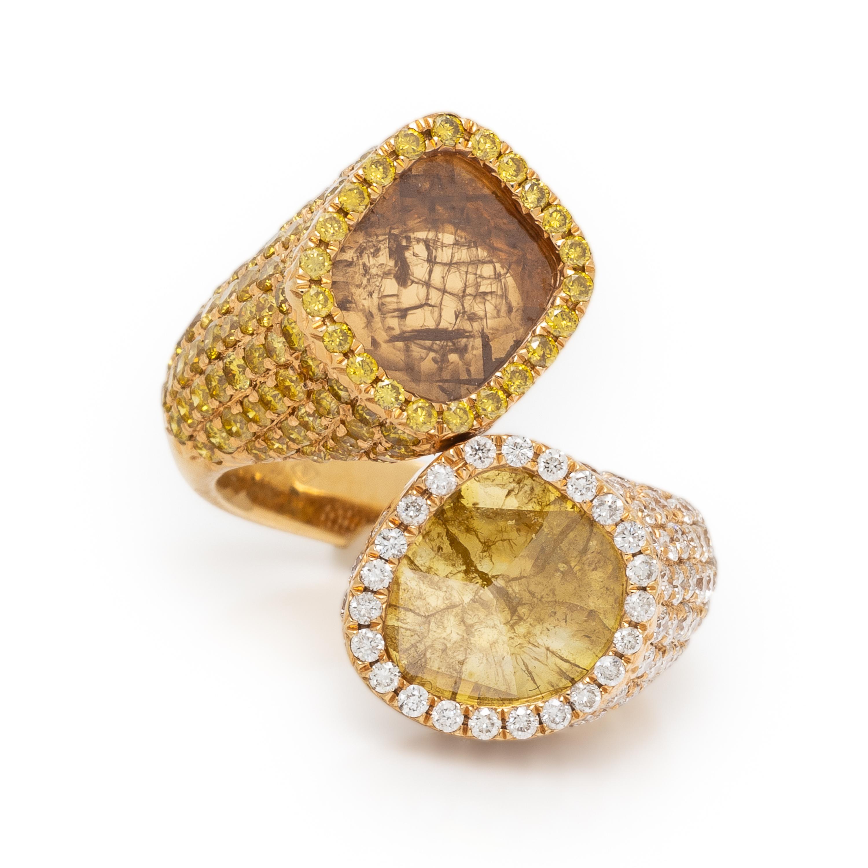 Hubert, Colored Diamond, Diamond, and Yellow Gold Bypass Ring