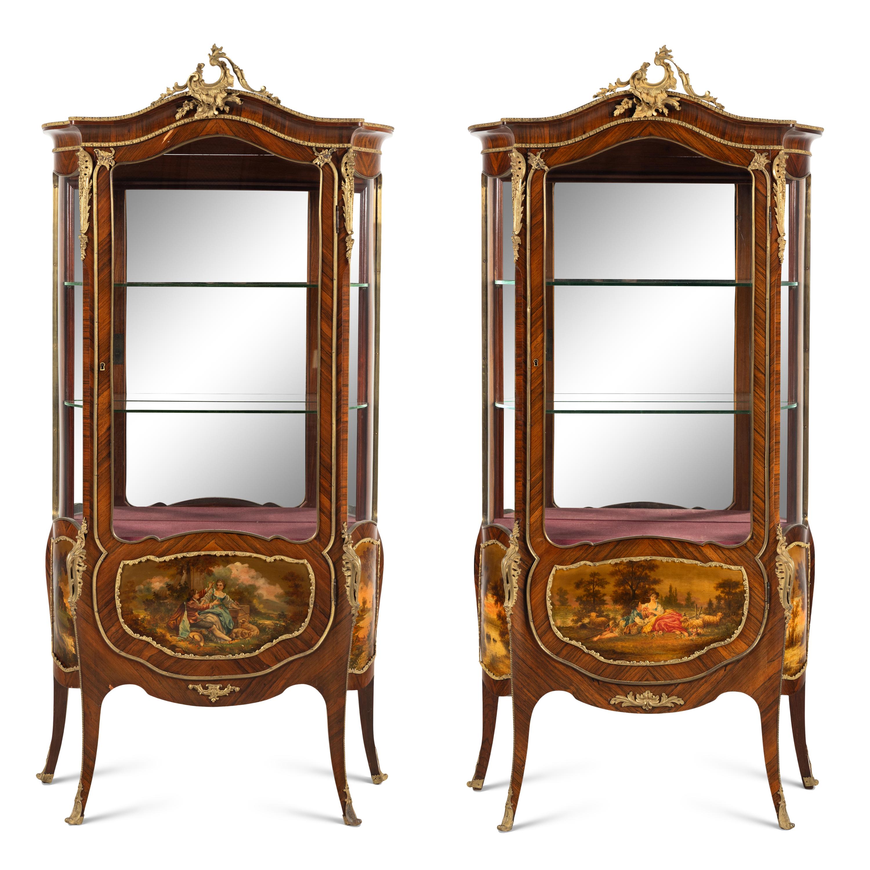 A Pair of Louis XV Style Kingwood, Vernis Martin and Gilt Bronze Mounted Vitrine Cabinets