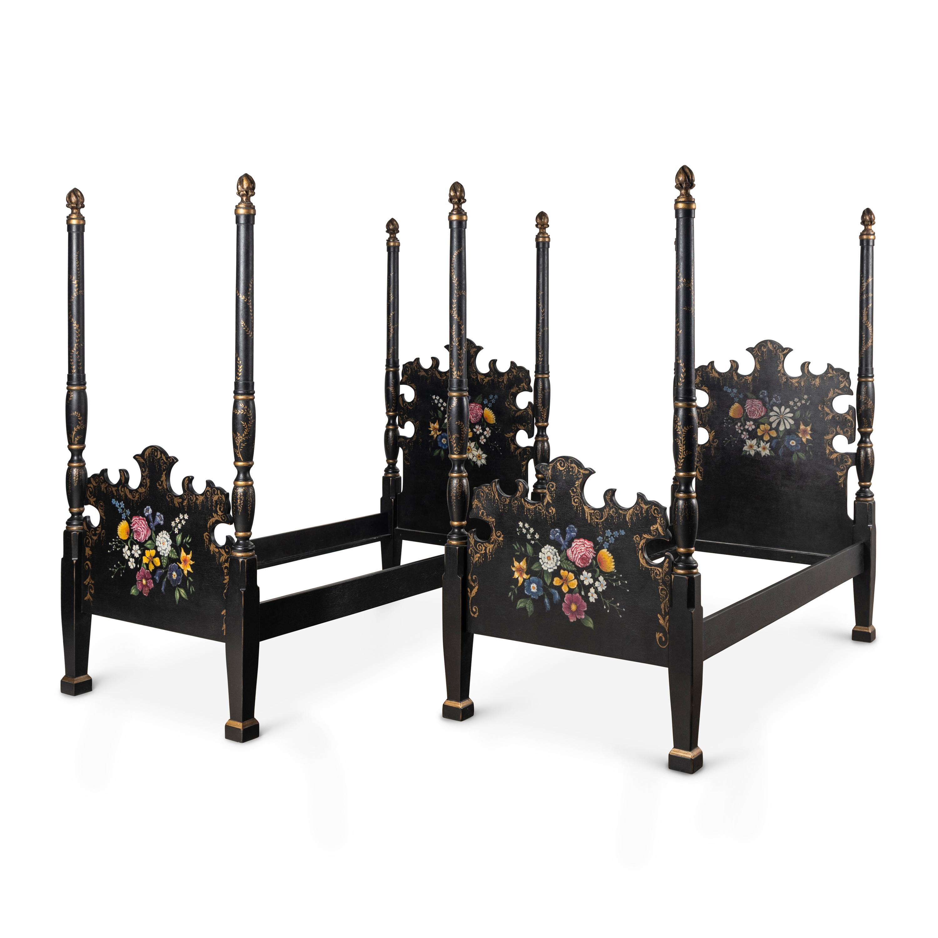 A Pair of Polychrome Painted Twin Beds