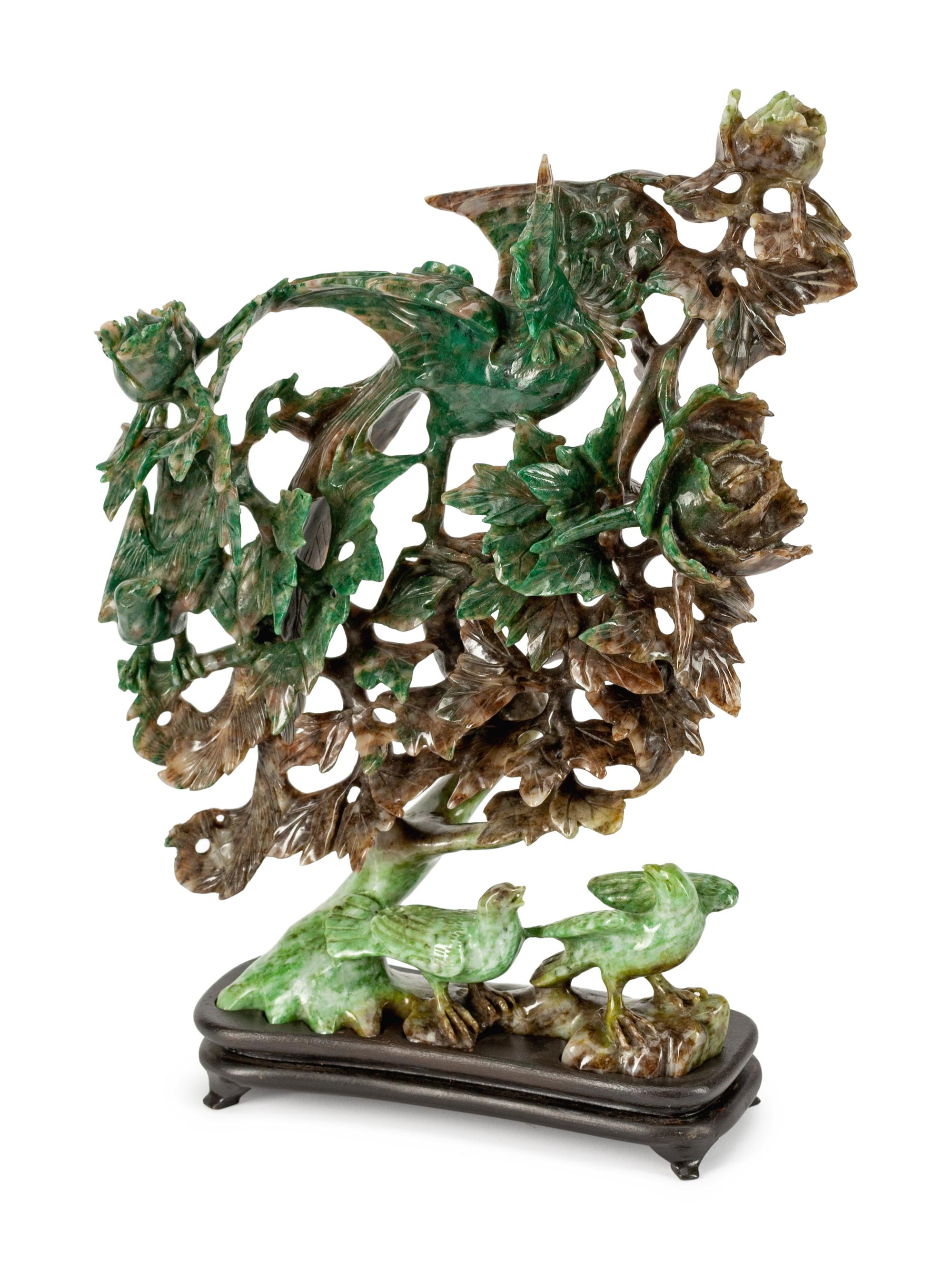 A Chinese Pierce-Carved Hardstone Bird Group