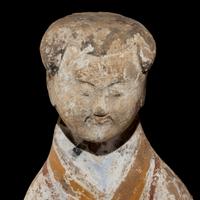 A Large Pair of Chinese Painted Pottery Ladies, Han Dynasty — 漢 灰陶彩繪侍奉俑一對