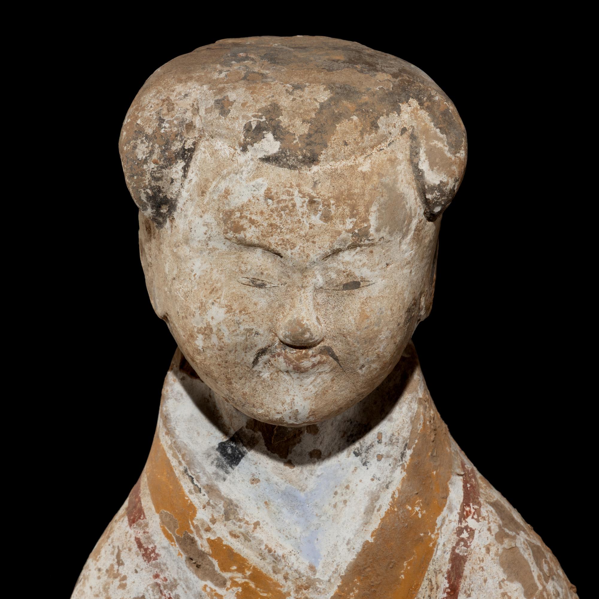 A Large Pair of Chinese Painted Pottery Ladies, Han Dynasty — 漢 灰陶彩繪侍奉俑一對