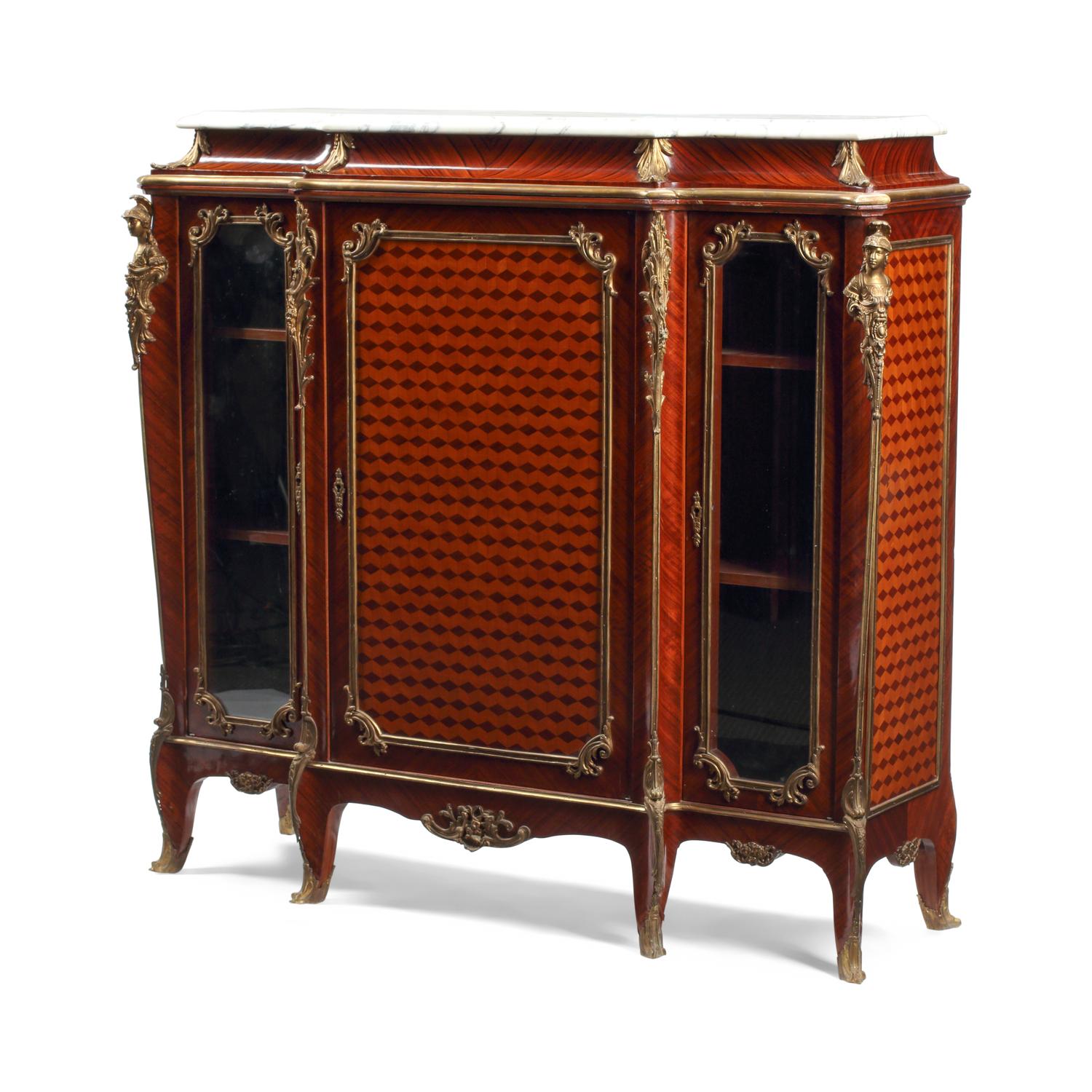 A French Gilt Bronze Mounted Marble-Top Vitrine Cabinet