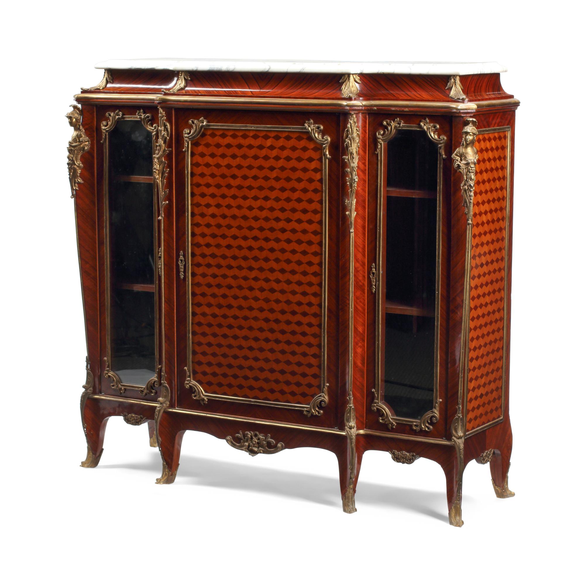 A French Gilt Bronze Mounted Marble-Top Vitrine Cabinet
