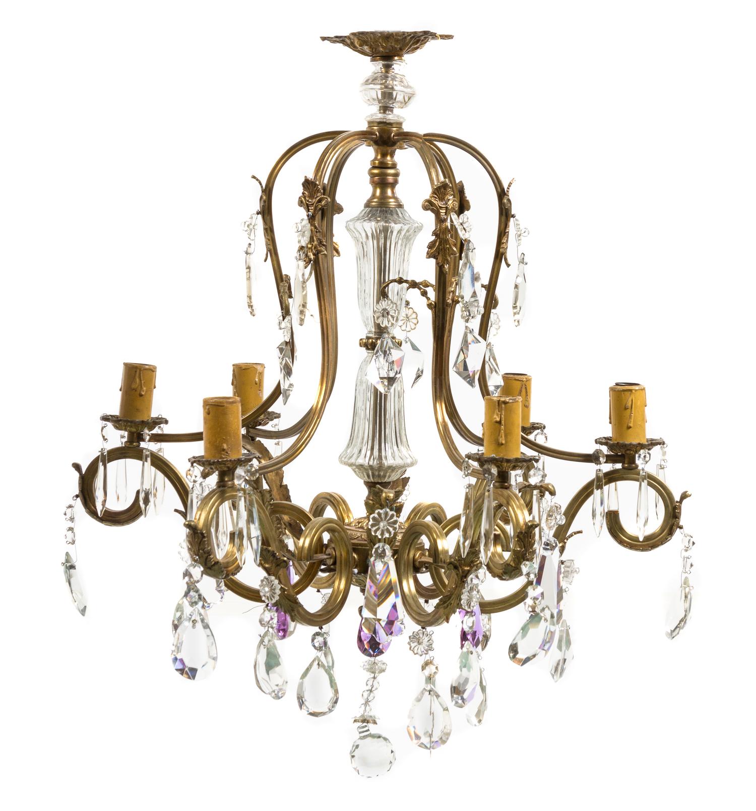 A Louis XV Style Gilt Metal Six-Light Chandelier, Height 28 x diameter 26 inches.