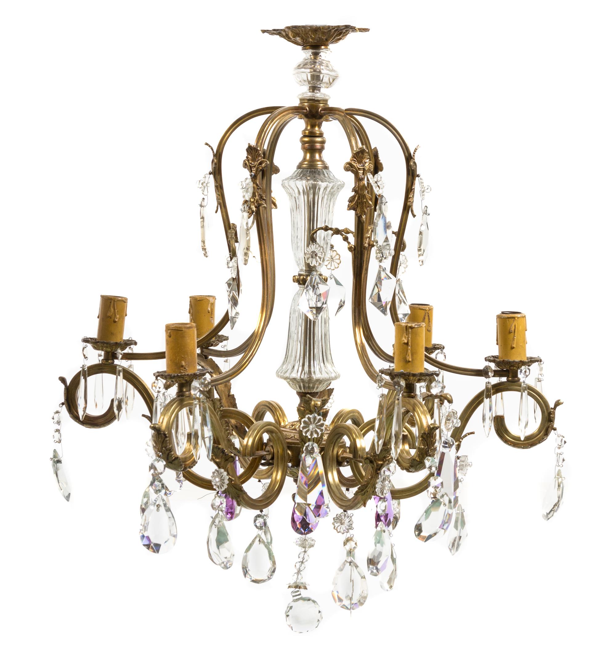 A Louis XV Style Gilt Metal Six-Light Chandelier, Height 28 x diameter 26 inches.