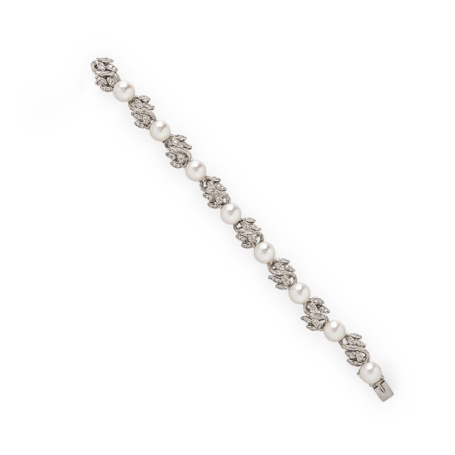 CULTURED PEARL, DIAMOND, AND WHITE GOLD BRACELET