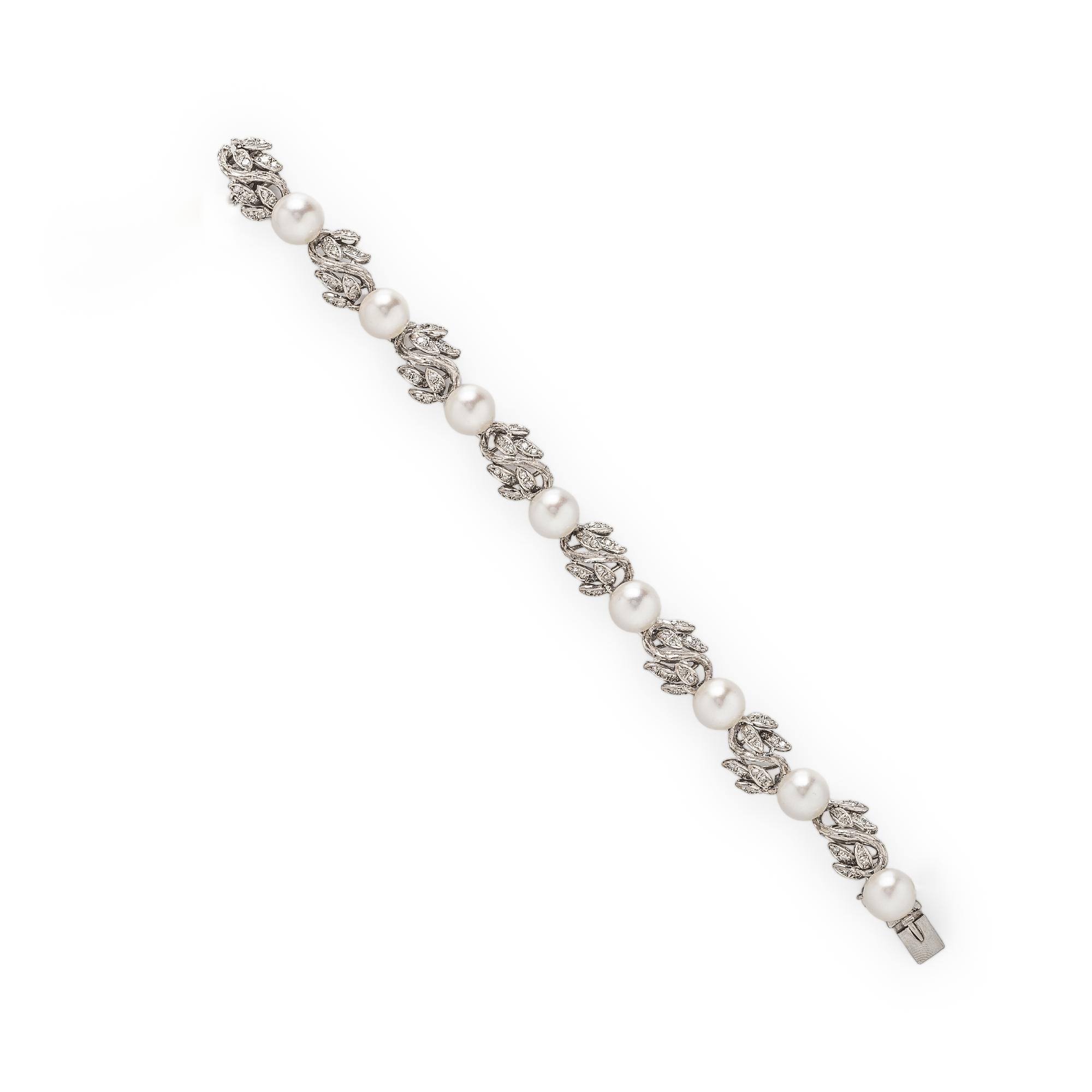 CULTURED PEARL, DIAMOND, AND WHITE GOLD BRACELET