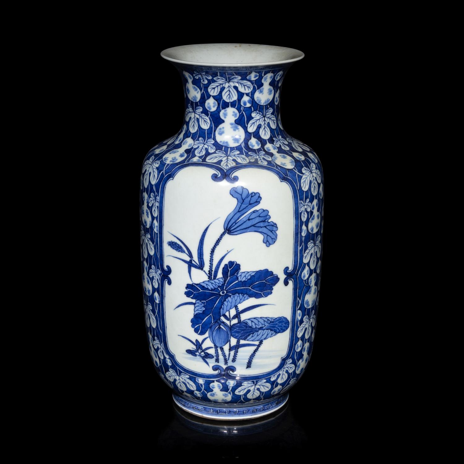 A Chinese Blue and White 'Gourds and Lotus' Vase, Qing Dynasty 清晚期 青花葫蘆紋地開光荷塘圖燈籠瓶