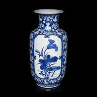 A Chinese Blue and White 'Gourds and Lotus' Vase, Qing Dynasty 清晚期 青花葫蘆紋地開光荷塘圖燈籠瓶