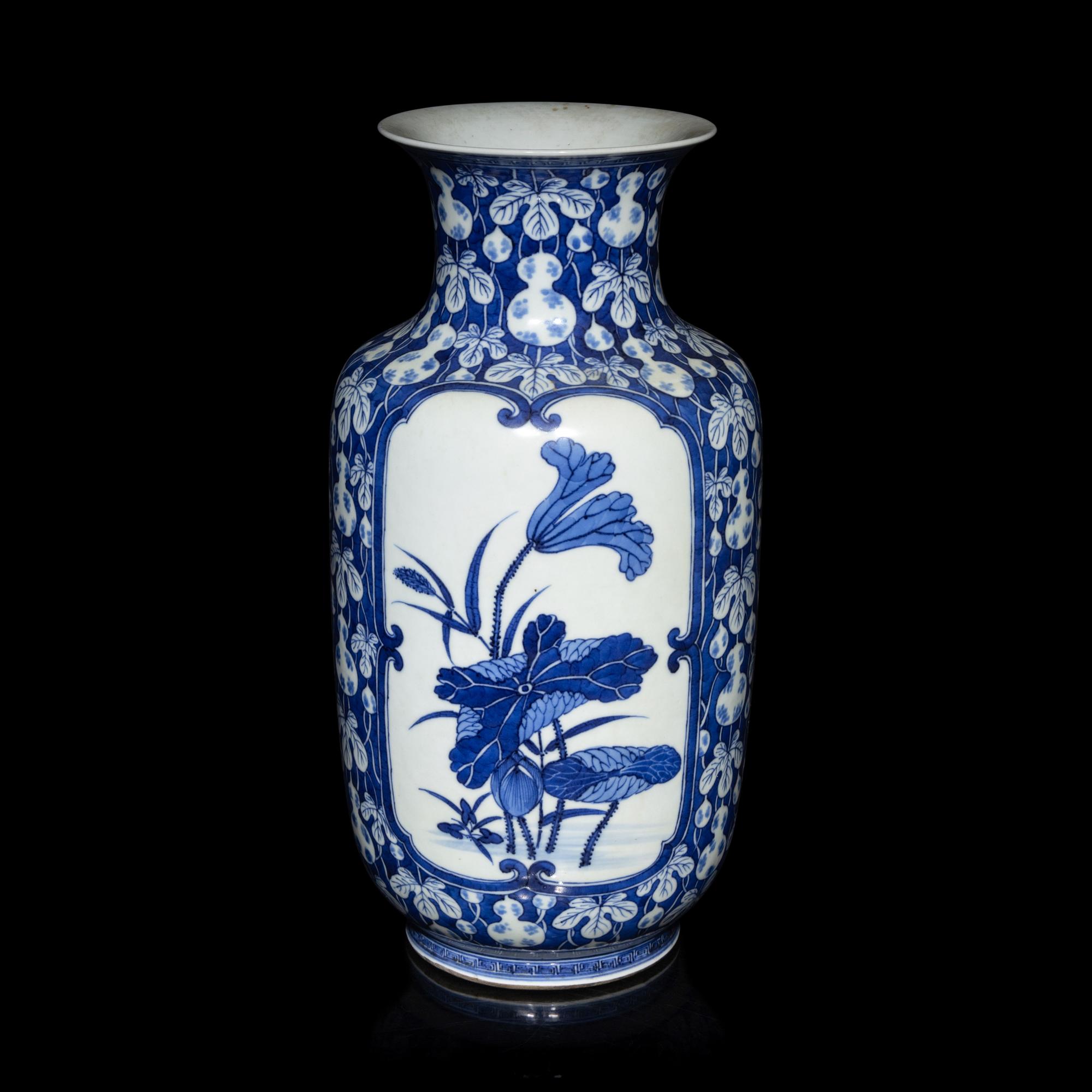 A Chinese Blue and White 'Gourds and Lotus' Vase, Qing Dynasty 清晚期 青花葫蘆紋地開光荷塘圖燈籠瓶
