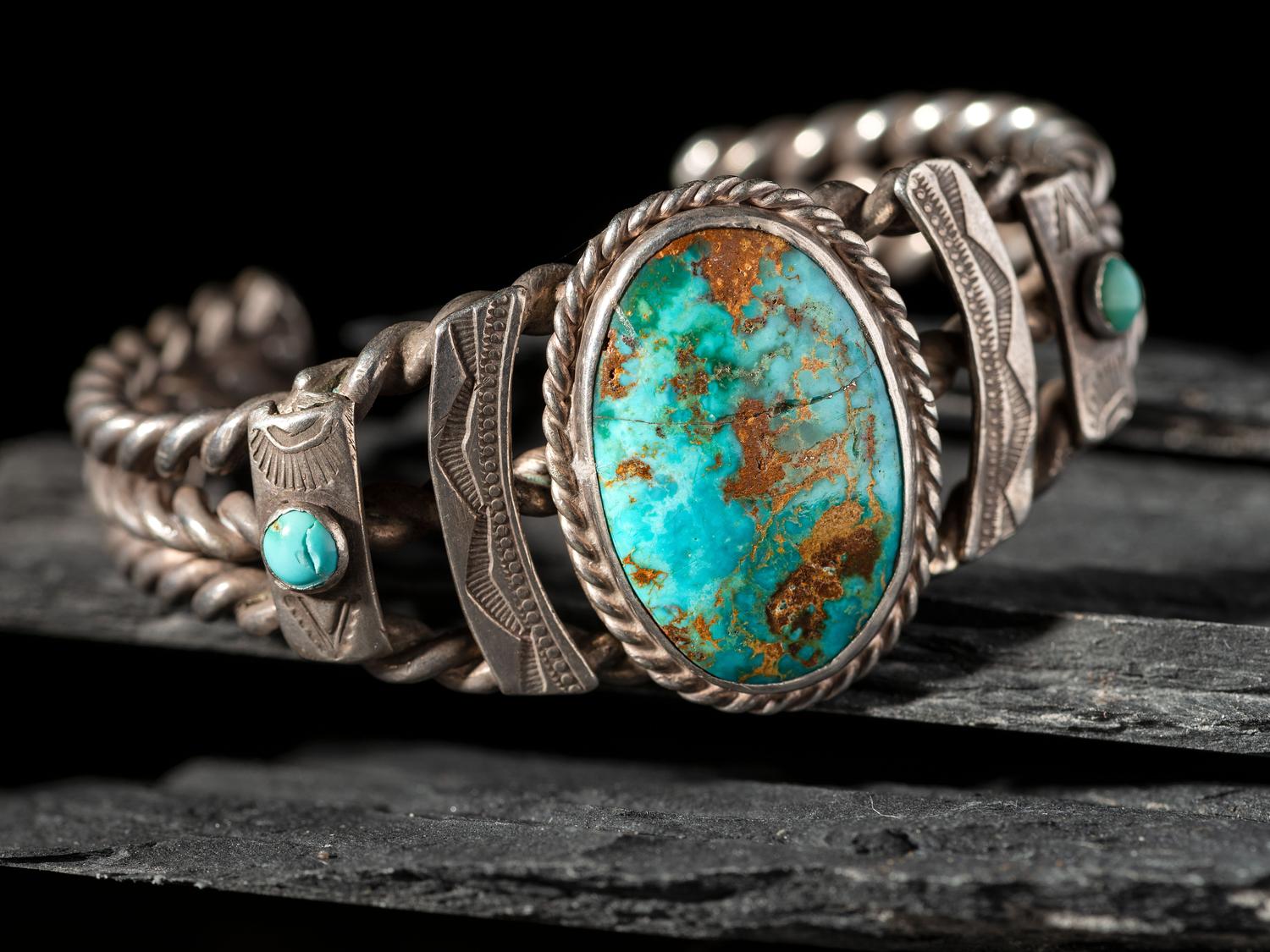 Navajo Silver Twisted Wire Cuff Bracelet, with Blue Gem Turquoise