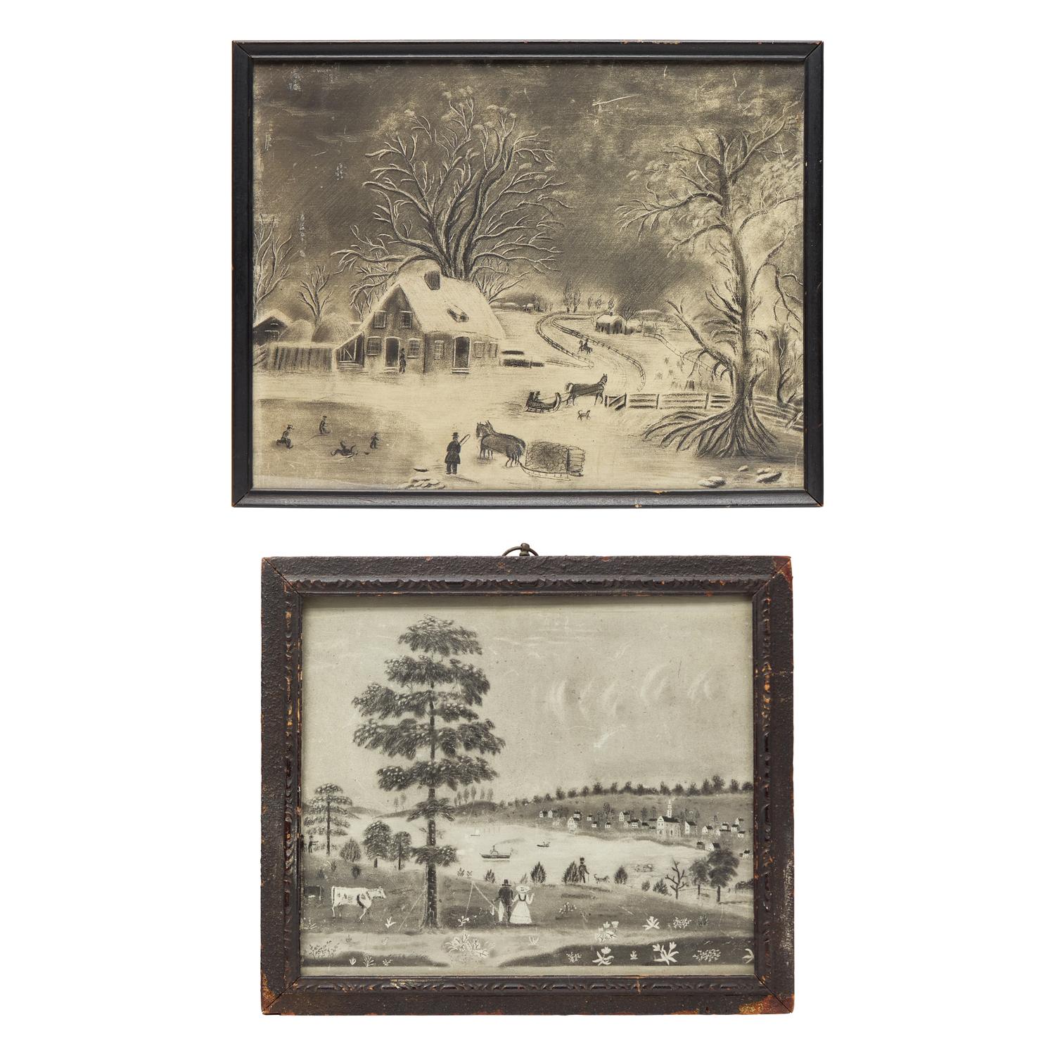 American School 19th Century, Two Sandpaper or Charcoal Landscape Drawings: Winter Scene and River View