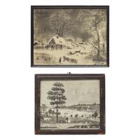 American School 19th Century, Two Sandpaper or Charcoal Landscape Drawings: Winter Scene and River View
