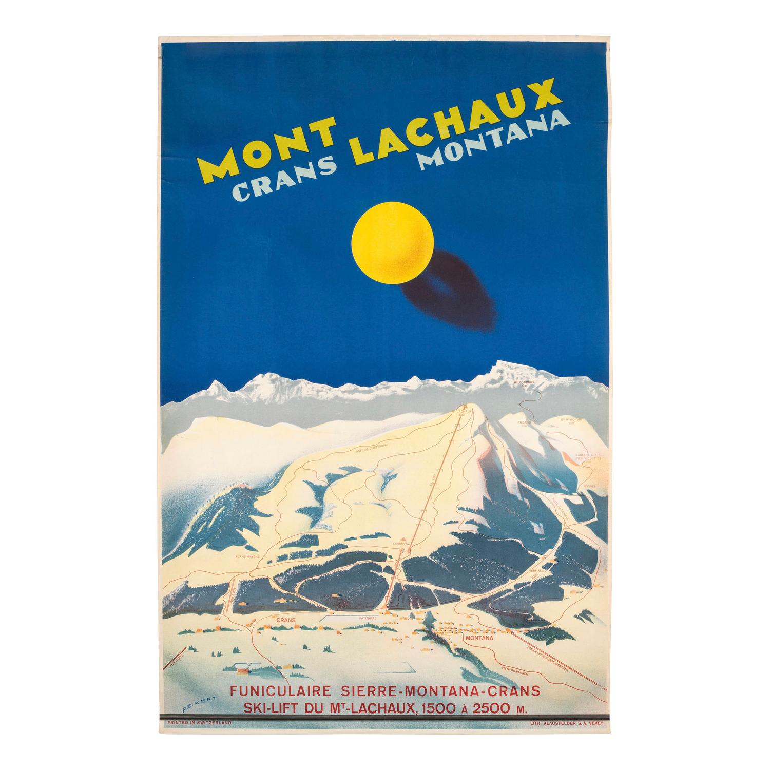 [TRAVEL POSTERS]. PEIKERT, Martin (1901-1975), artist. Mont Crans Lachaux Montana. Switzerland: Klausfelder S.A. Vevey, [ca 1940s-1950s].