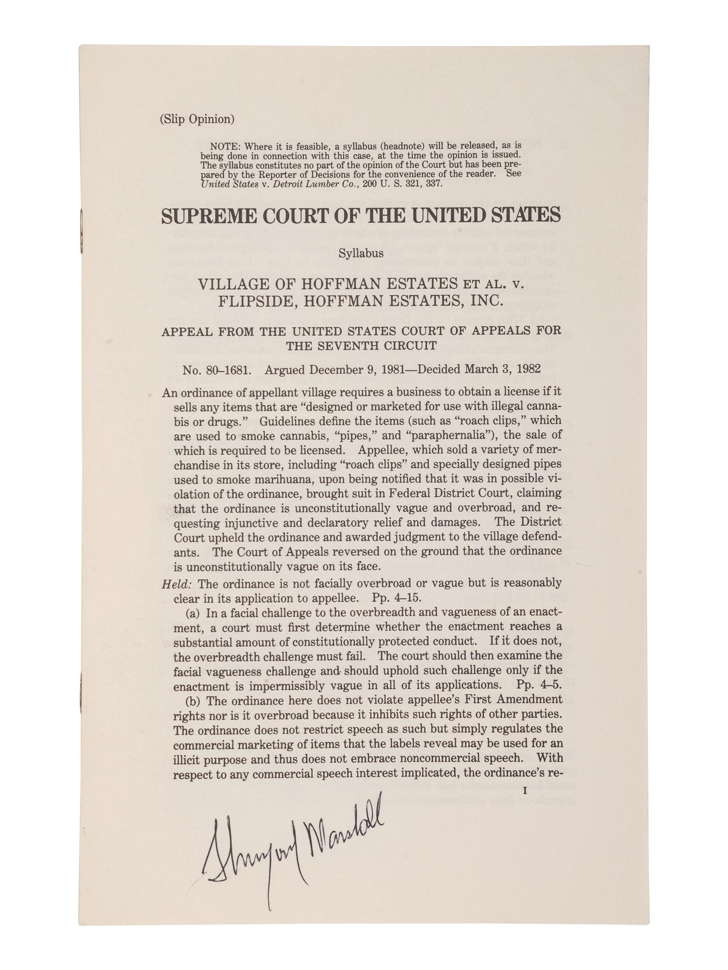 [SUPREME COURT] -- MARSHALL, Thurgood (1908-1993). Printed U.S. Supreme Court syllabus signed ("Thurgood Marshall") as Associate Justice of the U.S. Supreme Court. Washington, D.C.: U.S. Government Printing Office, [1982].