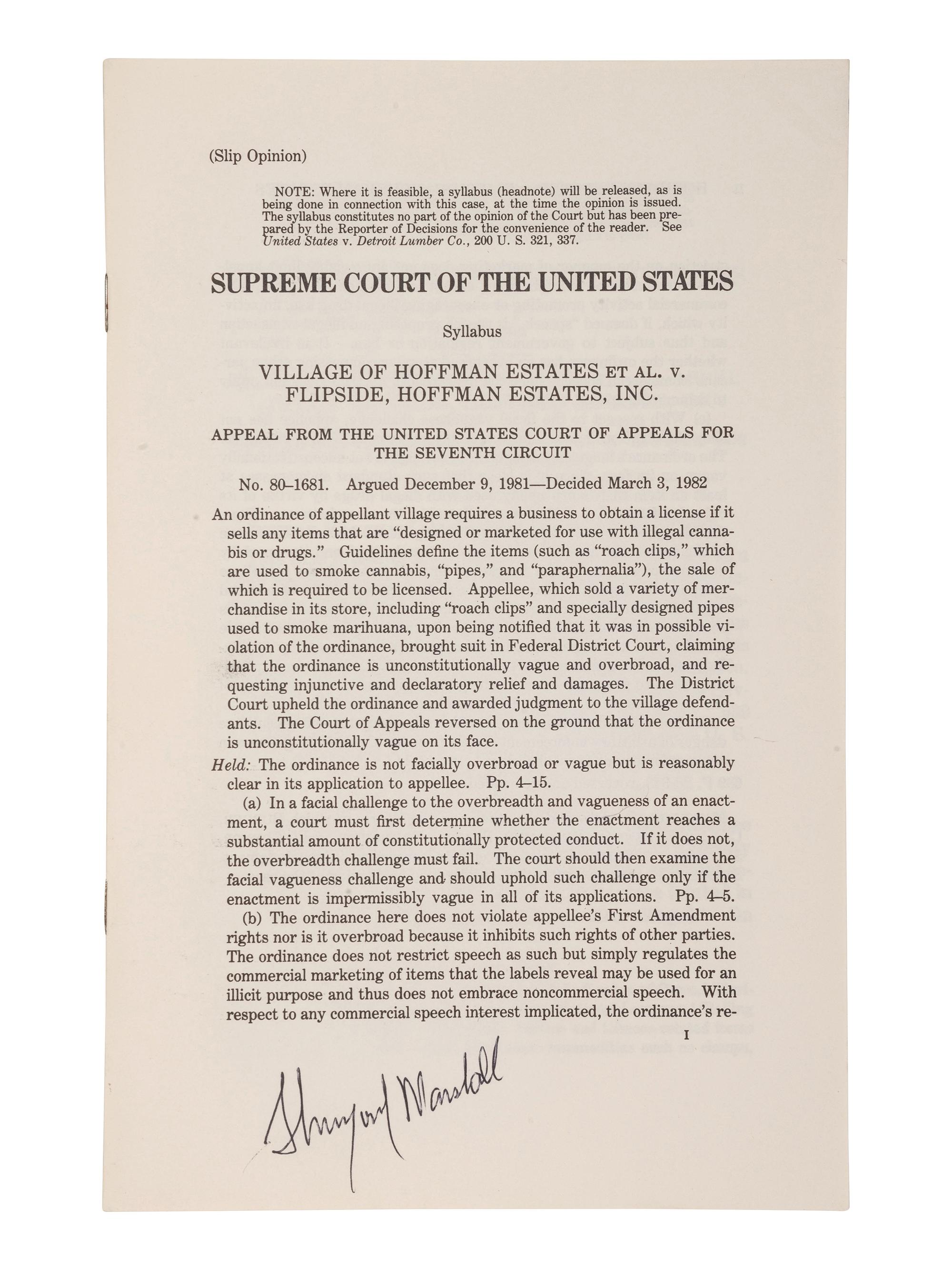 [SUPREME COURT] -- MARSHALL, Thurgood (1908-1993). Printed U.S. Supreme Court syllabus signed ("Thurgood Marshall") as Associate Justice of the U.S. Supreme Court. Washington, D.C.: U.S. Government Printing Office, [1982].