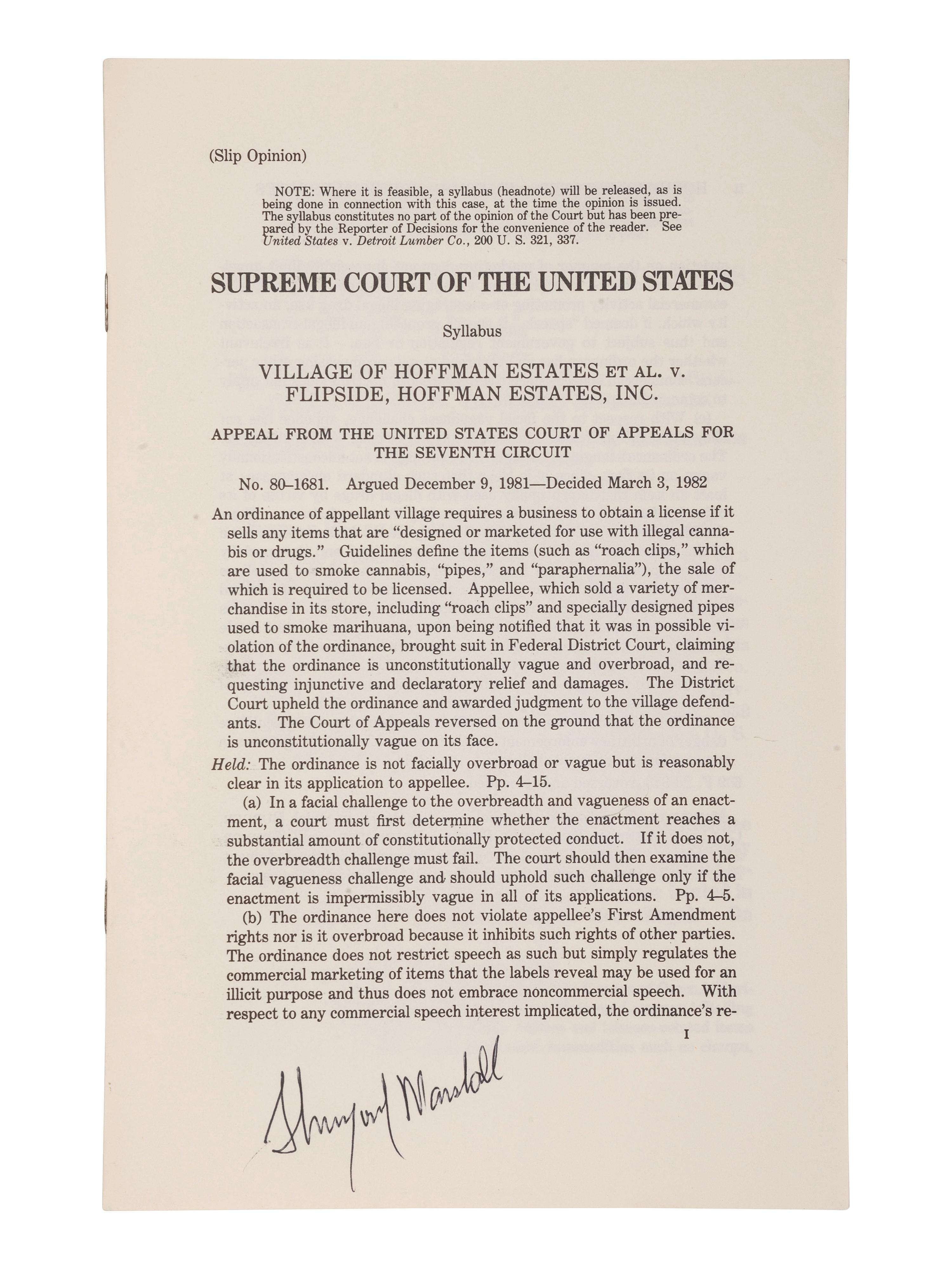 [SUPREME COURT] -- MARSHALL, Thurgood (1908-1993). Printed U.S. Supreme Court syllabus signed ("Thurgood Marshall") as Associate Justice of the U.S. Supreme Court. Washington, D.C.: U.S. Government Printing Office, [1982].