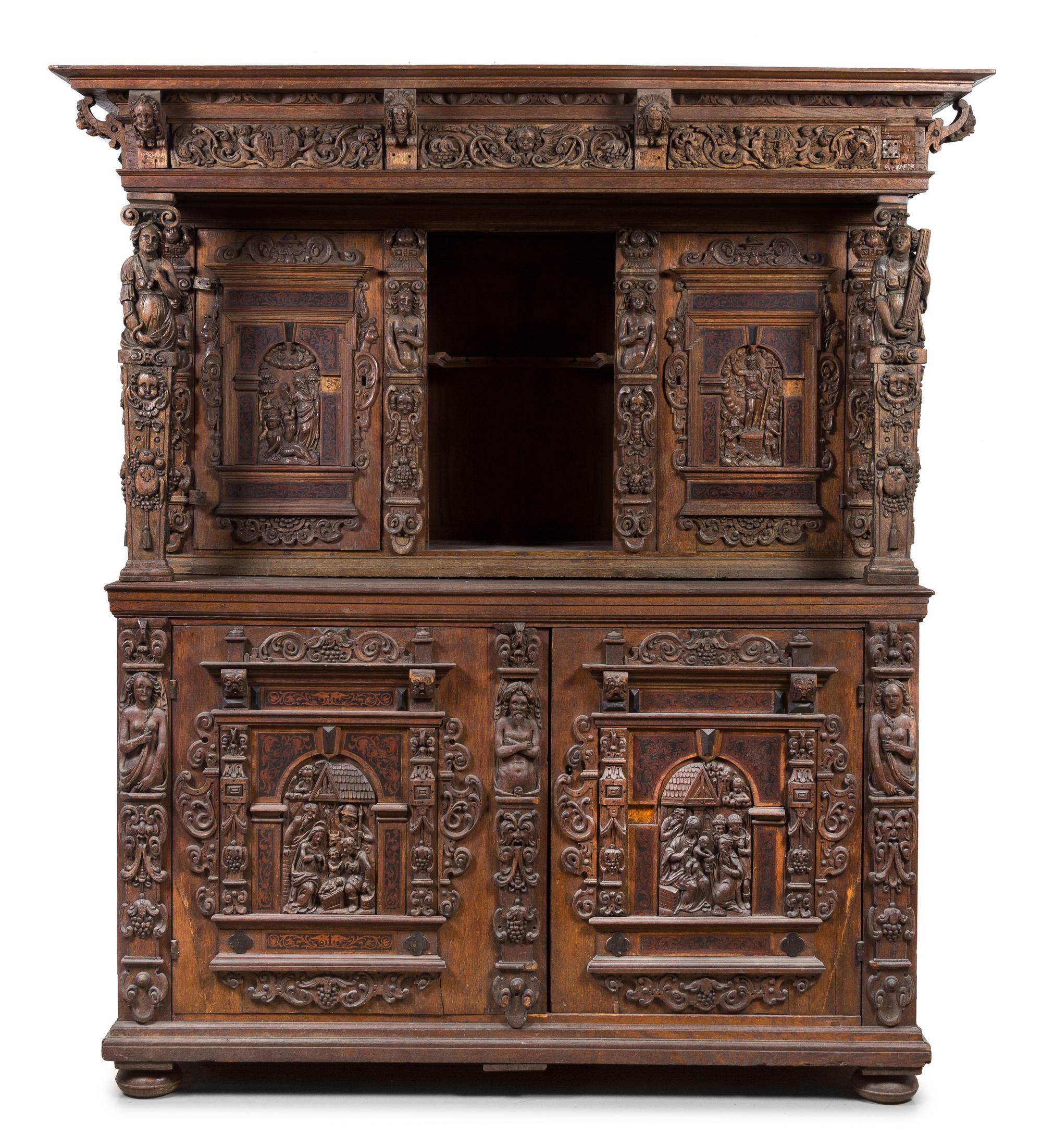A Flemish Walnut Cabinet Height 92 3/4 x width 72 x depth 23 5/8 inches. — 17TH CENTURY WITH LATER ELEMENTS