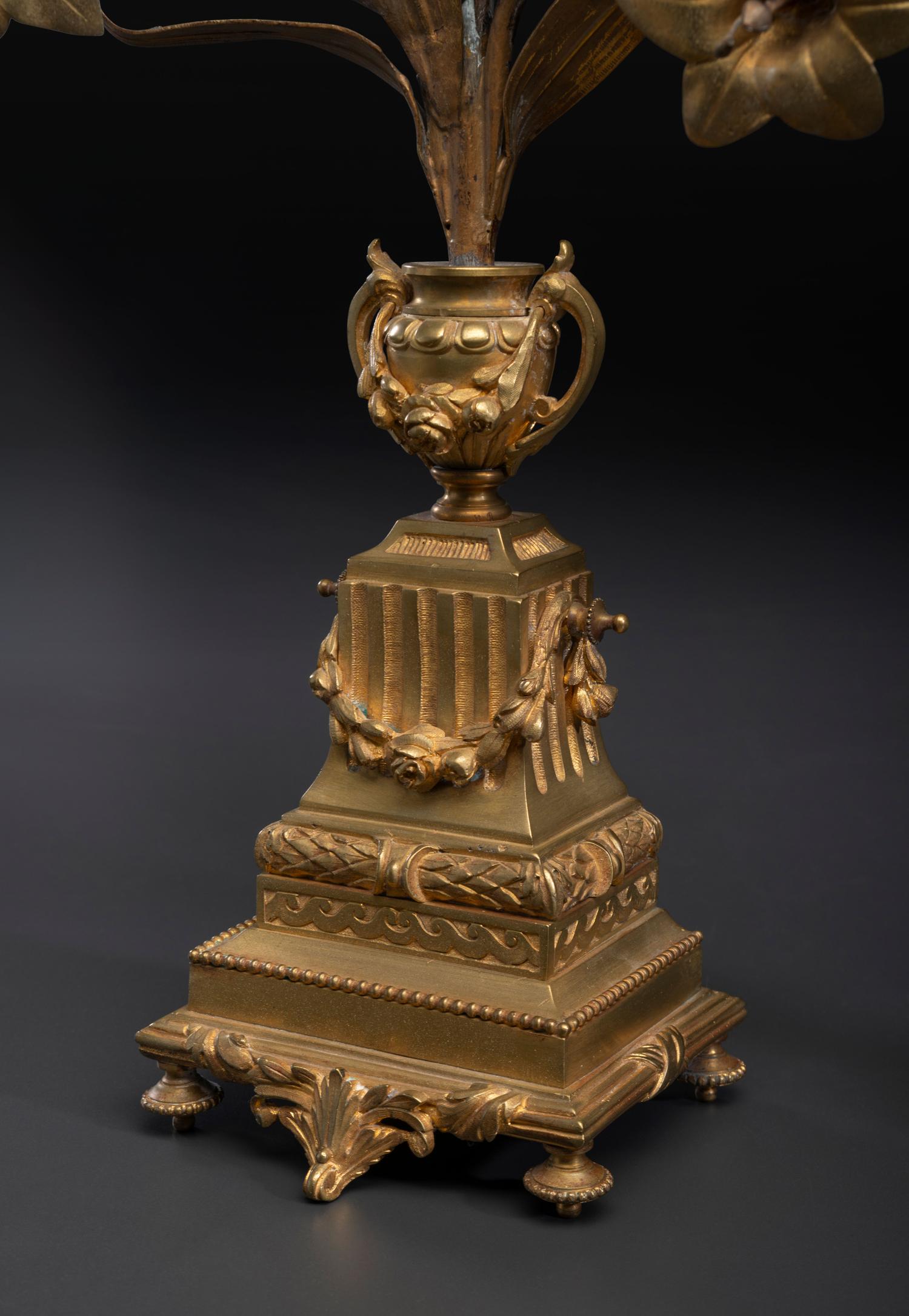 A Pair of Louis XVI Style Bronze Three-Light Candelabra