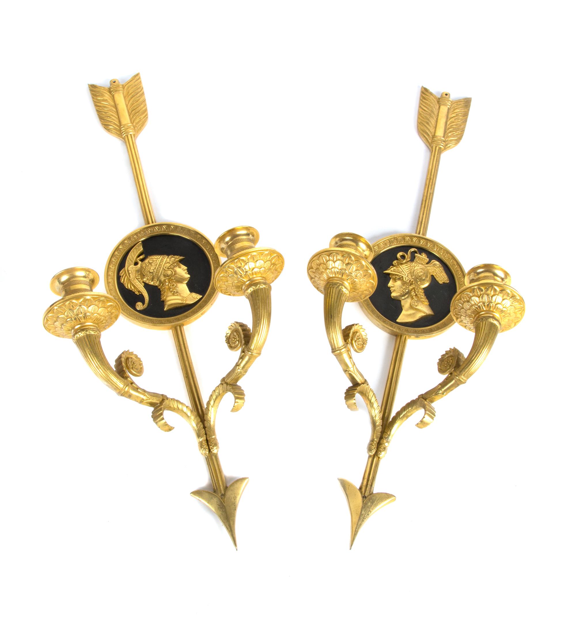 A Pair of Empire Style Gilt Bronze Two-Light Sconces Height 20 inches. — 20TH CENTURY