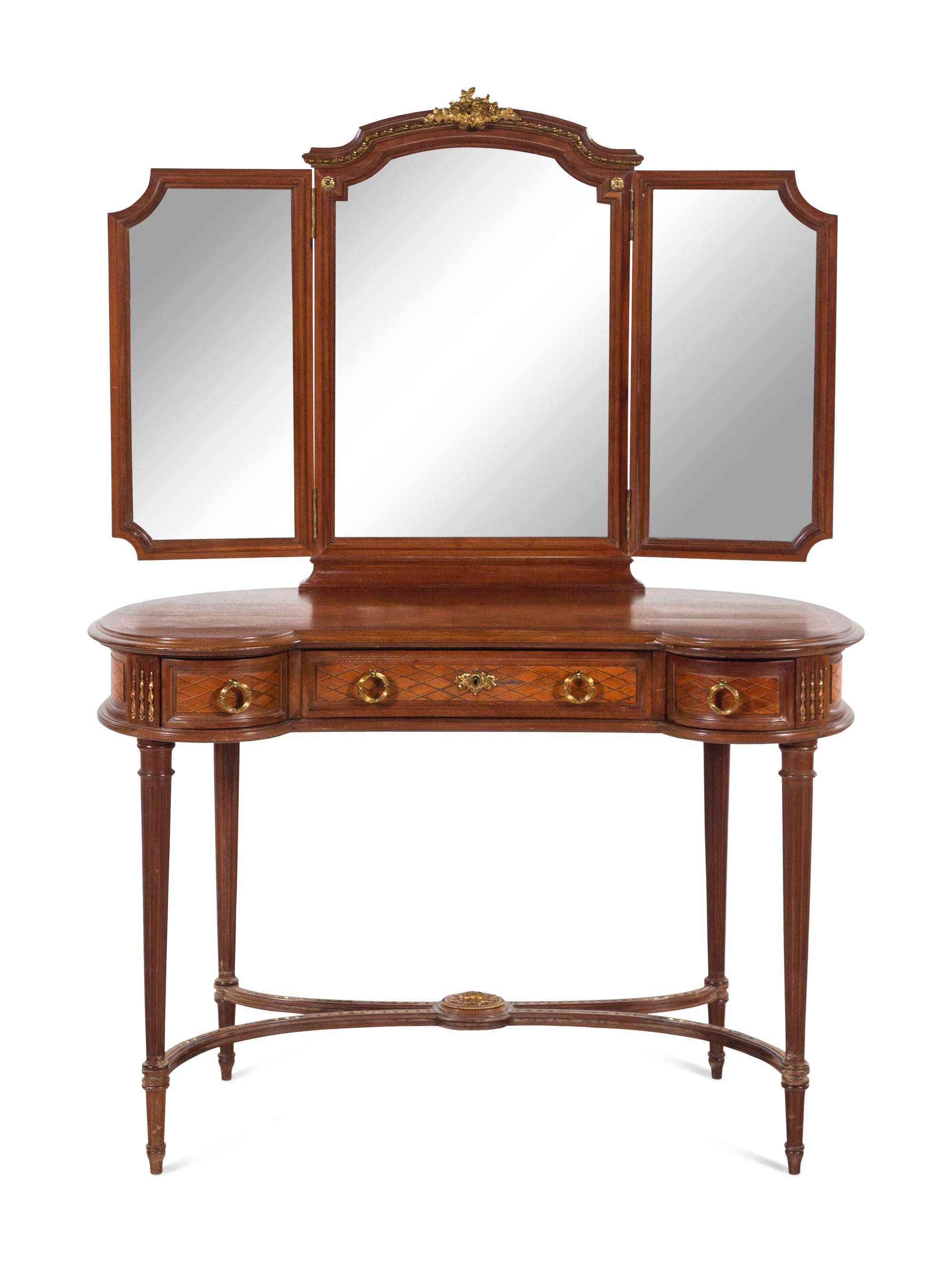 A Louis XVI Style Gilt Bronze Mounted Parquetry Decorated Dressing Table