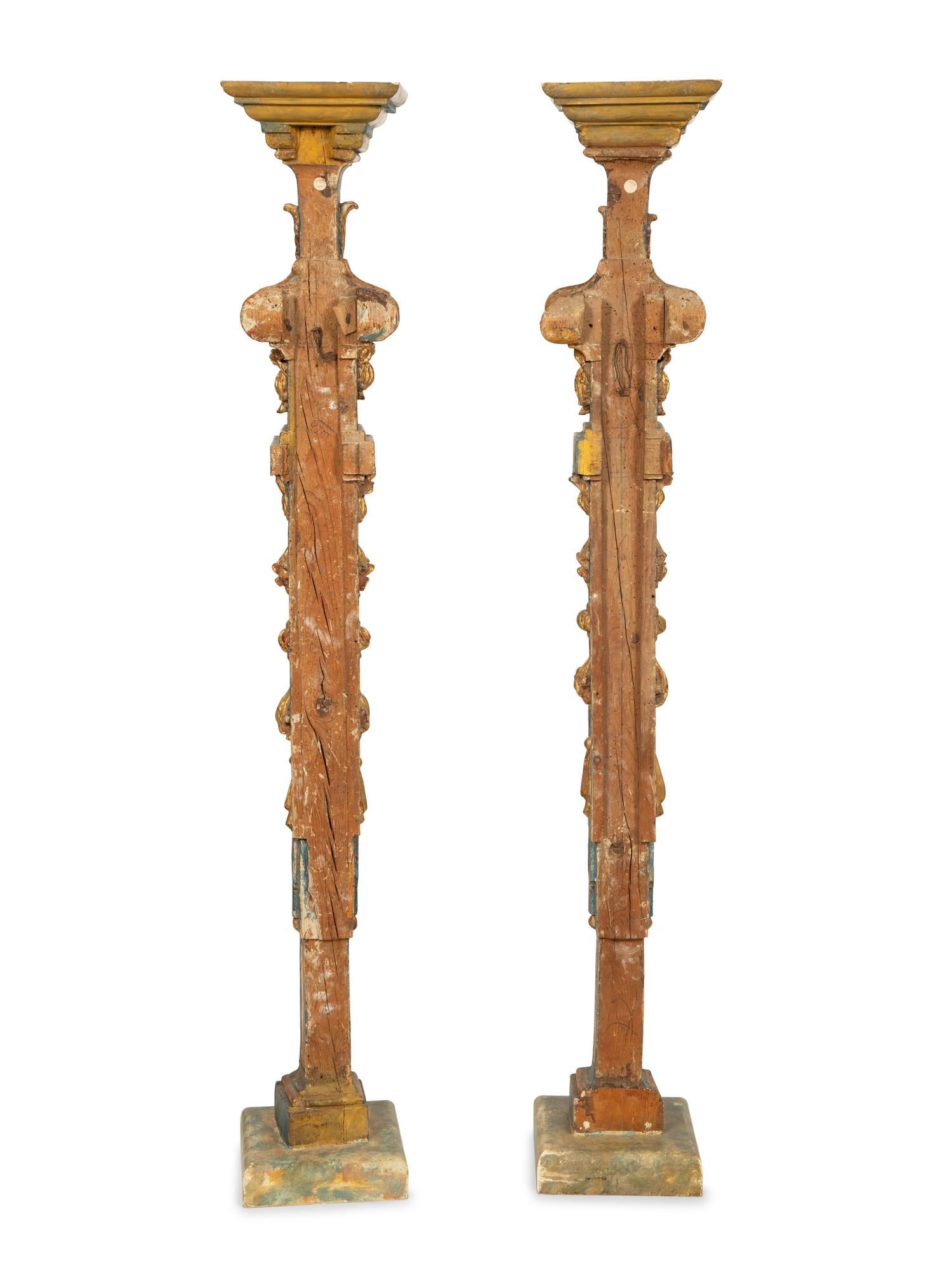 A Pair of Italian Baroque Blue-Painted and Parcel-Gilt Pedestals