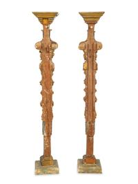 A Pair of Italian Baroque Blue-Painted and Parcel-Gilt Pedestals
