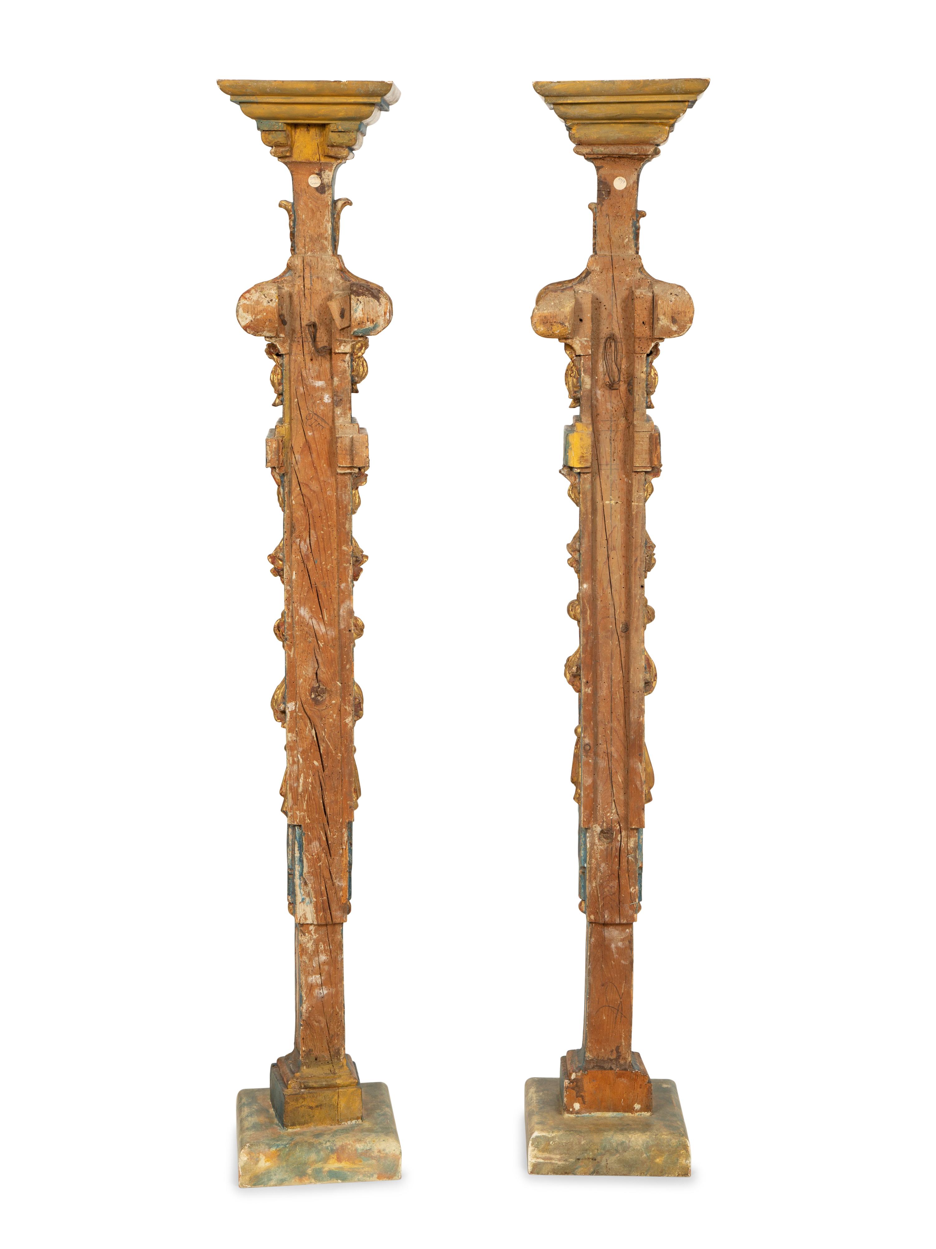 A Pair of Italian Baroque Blue-Painted and Parcel-Gilt Pedestals