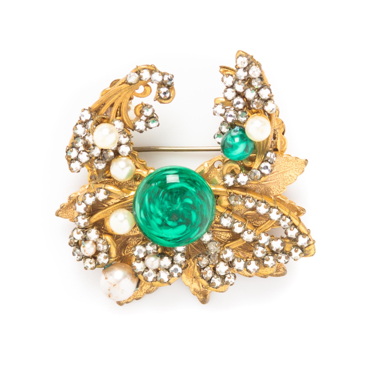 A Miriam Haskell Green Glass, Rhinestone and Pearl Brooch, 2" x 2".