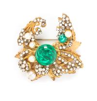 A Miriam Haskell Green Glass, Rhinestone and Pearl Brooch, 2" x 2".