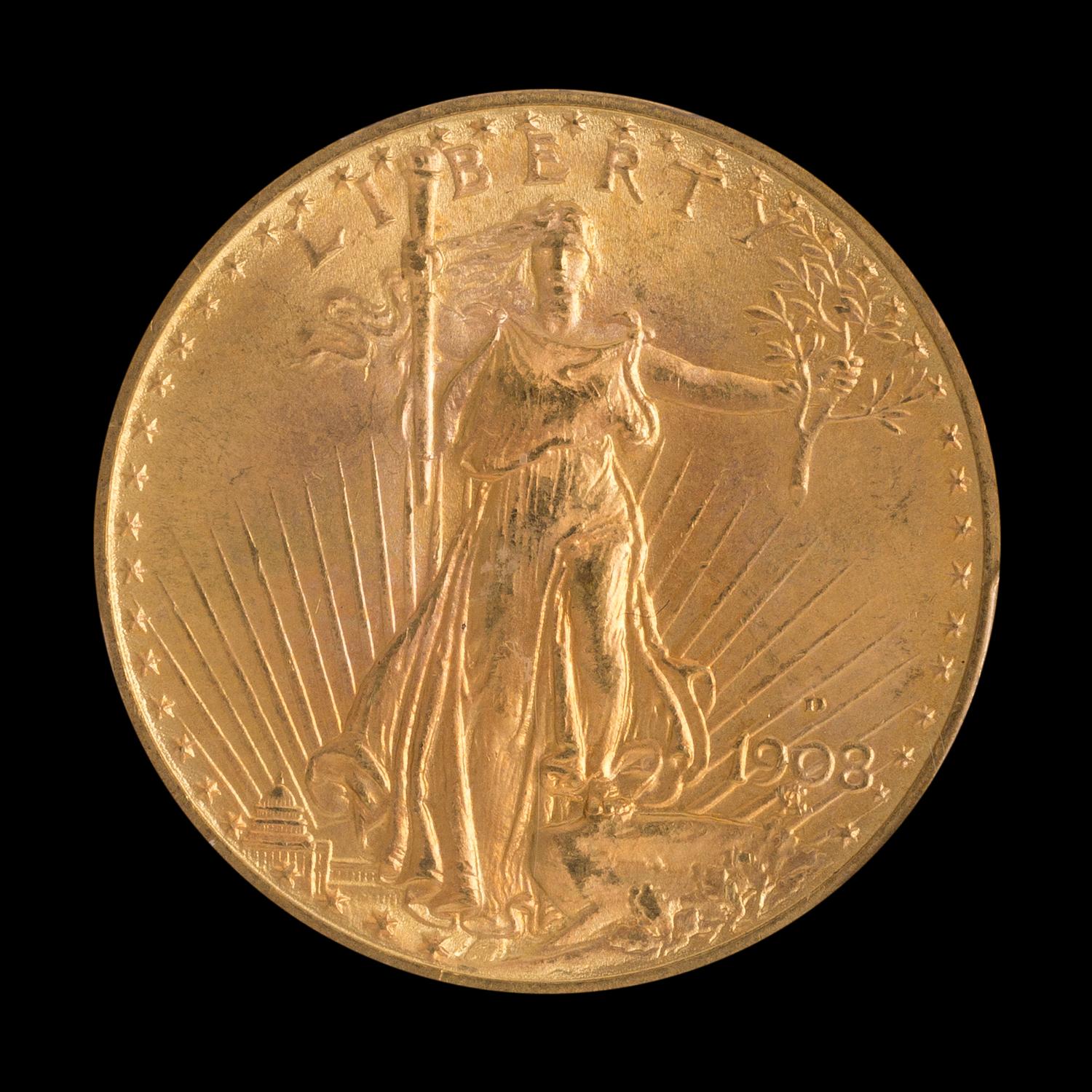 A United States 1908-D Saint-Gaudens: Motto $20 Gold Coin