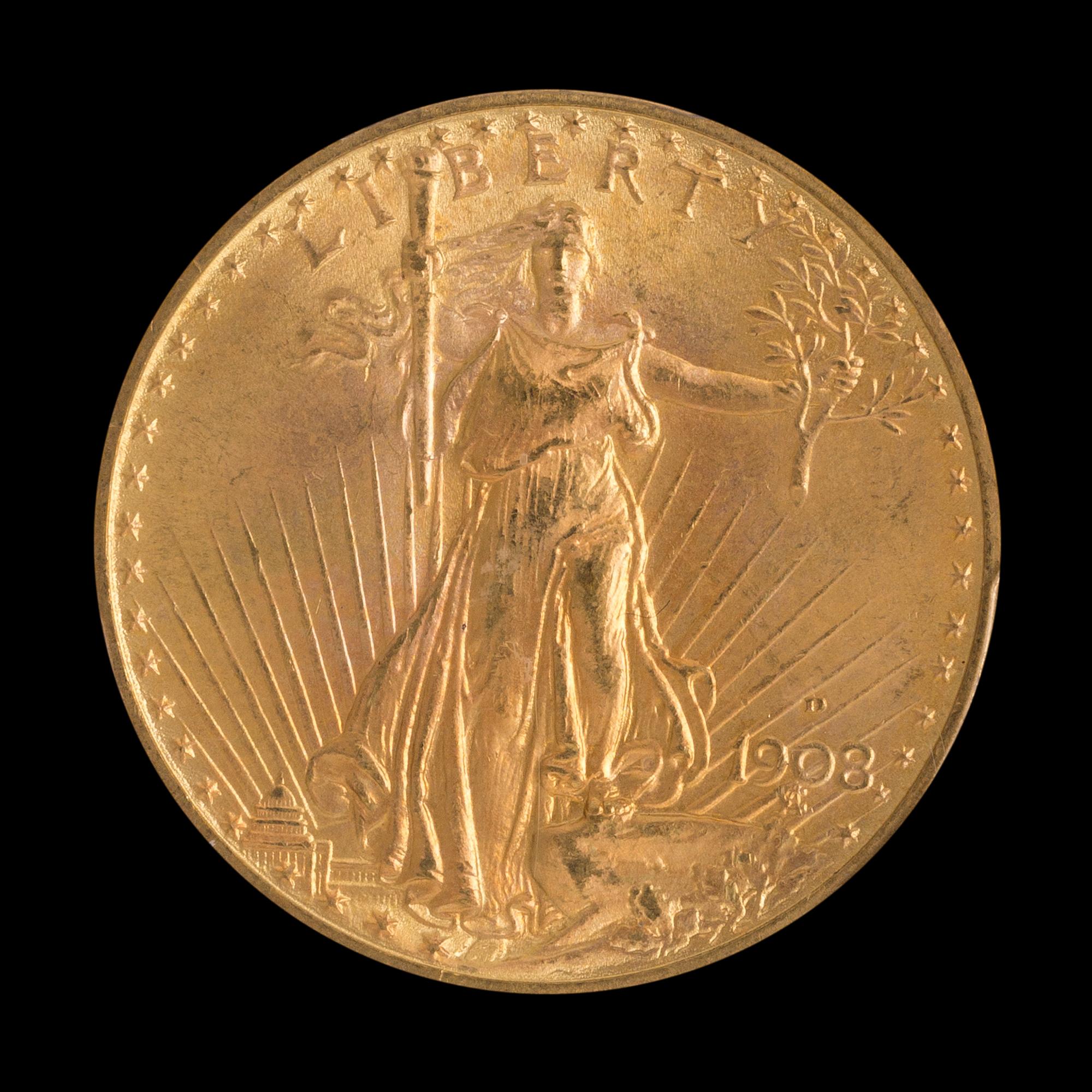A United States 1908-D Saint-Gaudens: Motto $20 Gold Coin