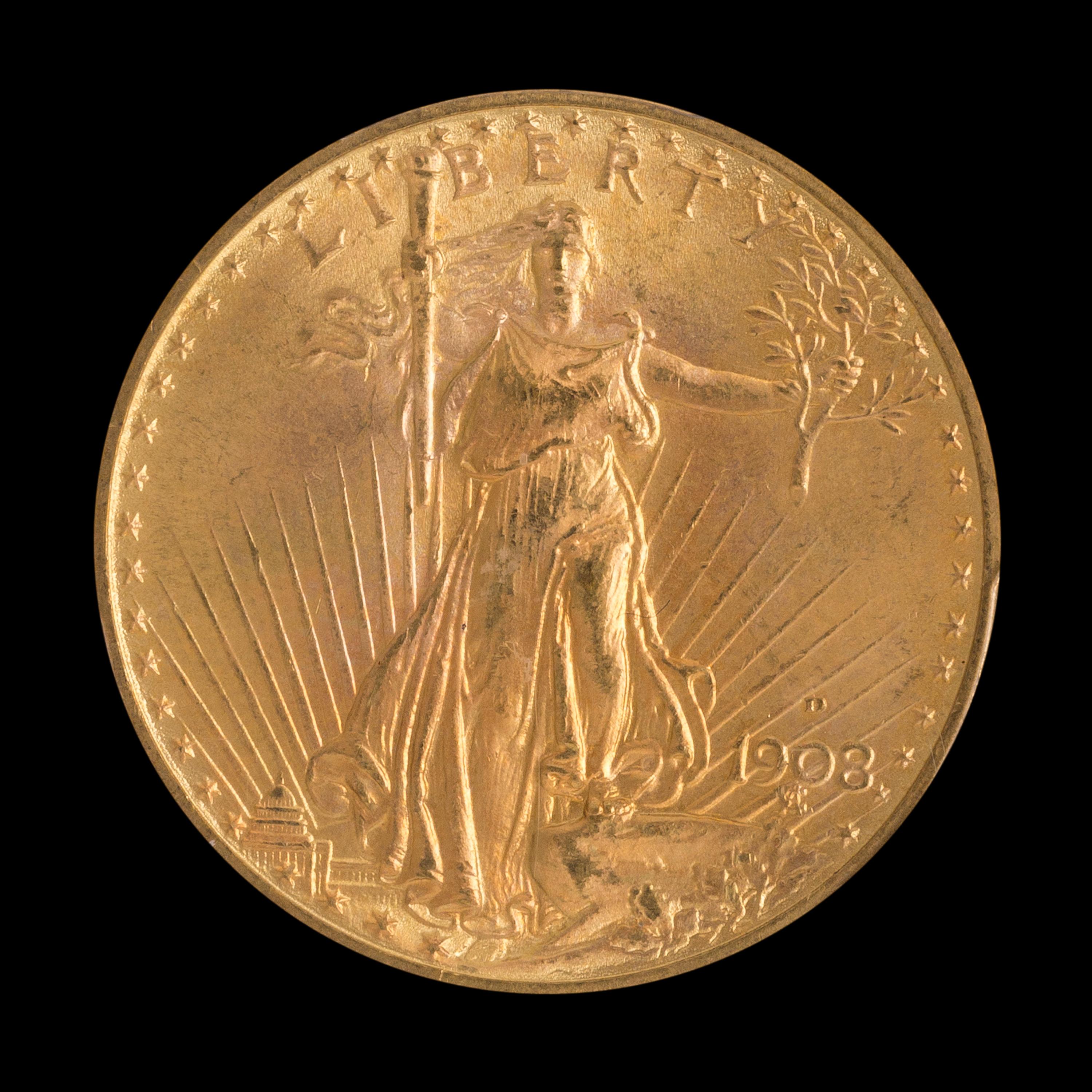 A United States 1908-D Saint-Gaudens: Motto $20 Gold Coin