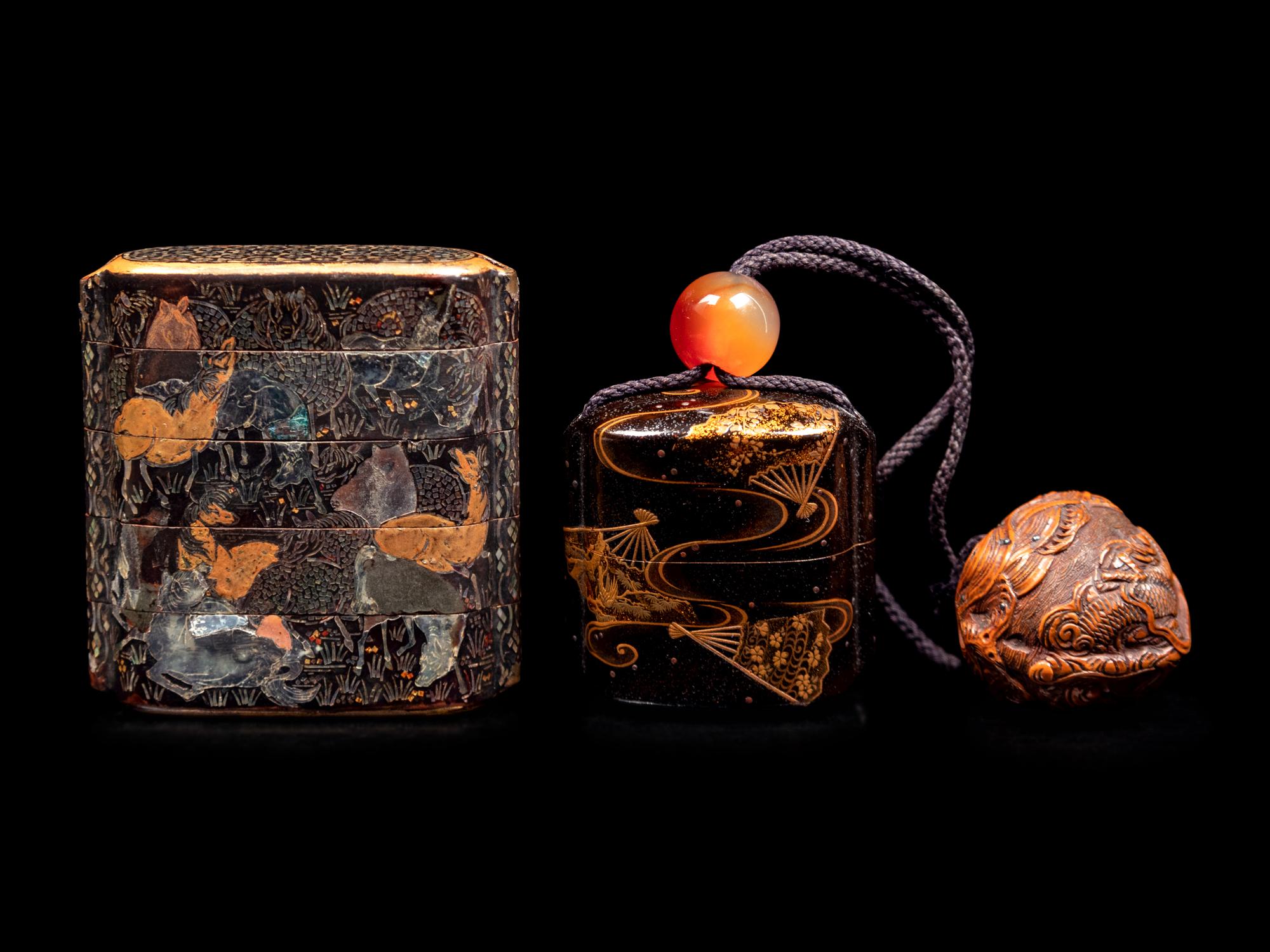 Two Small Gold and Black Lacquer Inro